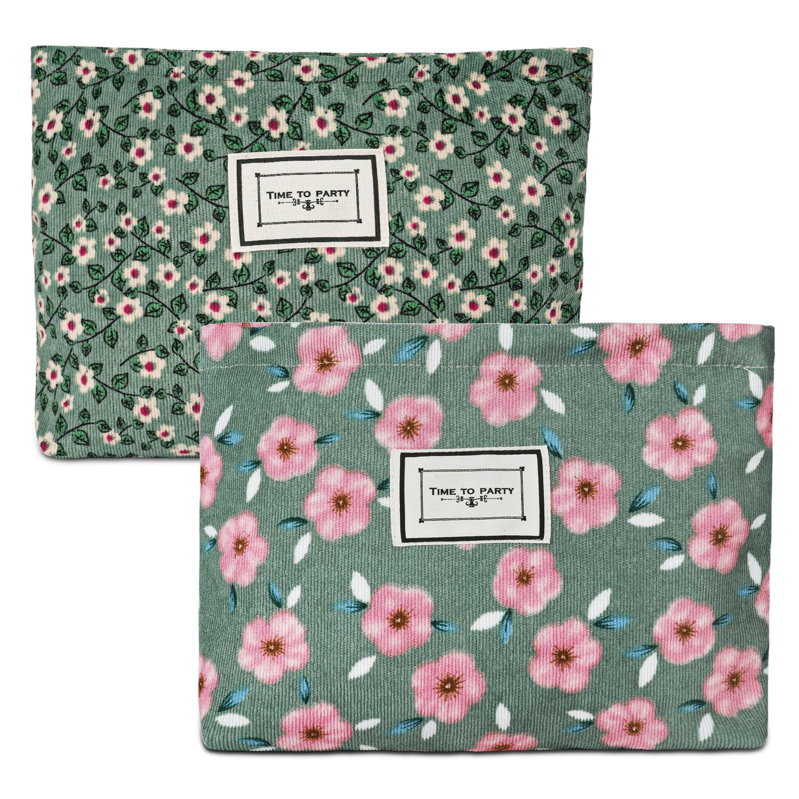 Aucuu Cosmetic Bags, 2 Pcs Small Floral Canvas Cosmetic Bag, Rose Flower Printing Corduroy Toiletry Bag