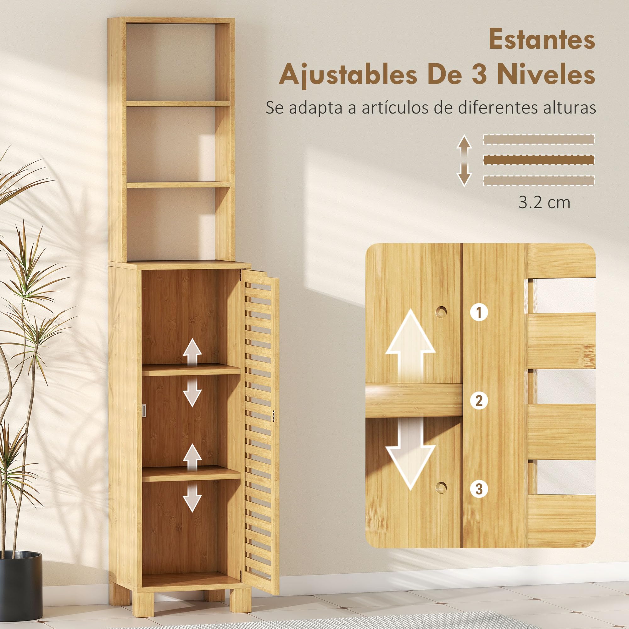 HOMCOM Armario de Baño de Bambú, Mueble Auxiliar, 34x30x170 cm Natural | Columna de Baño Estrecha, Estante Abierto, Puerta de Lamas, Estante Ajustable