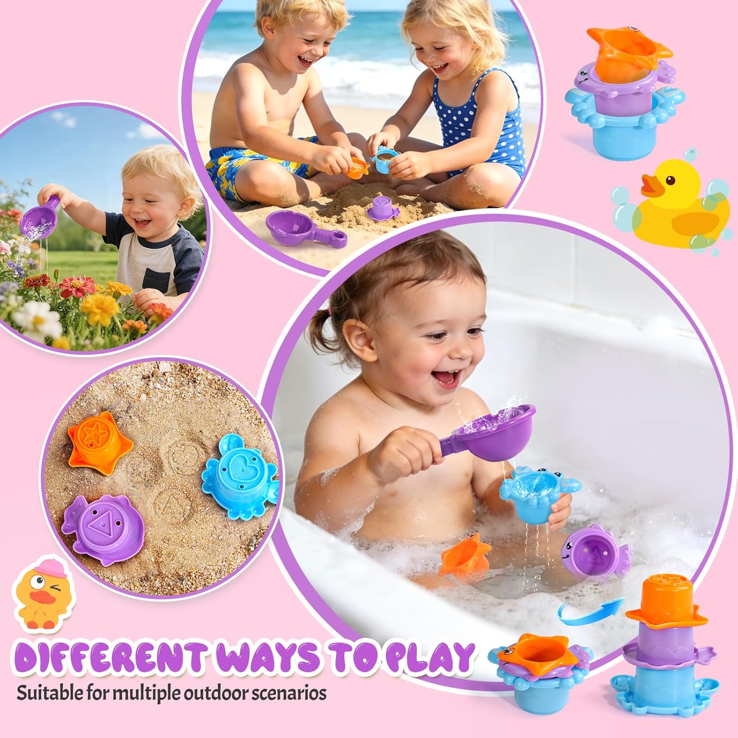 Baby Bath Toys for Kids Ages 1-3 Interactive Toddler Bath Toys Duck Learning Mold Free Shower Tub Toys for 1+ Year Old Girl Gifts with 3 Stacking Cups & 1 Water Spoon(Pink)