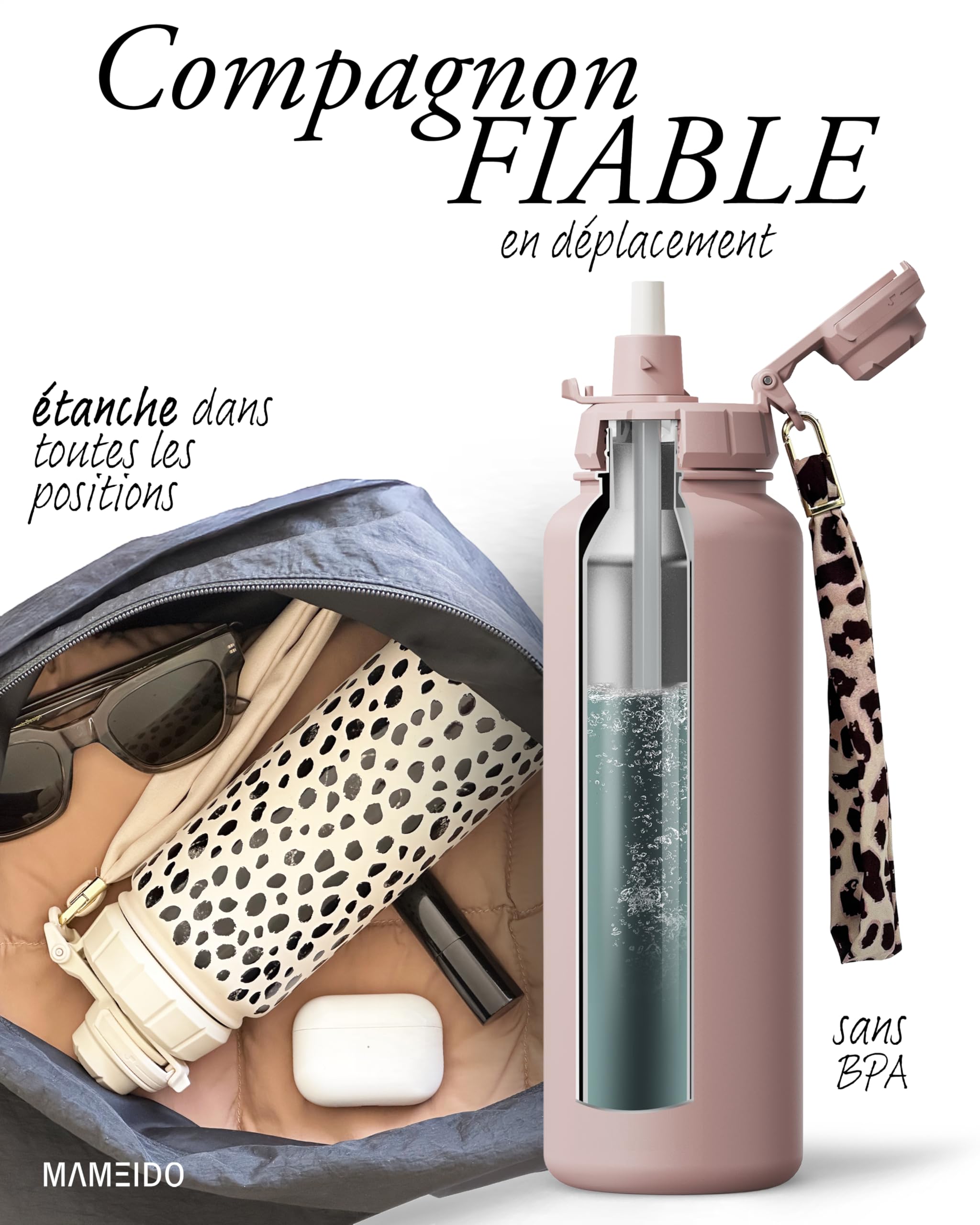 MAMEIDO Gourde Isotherme avec paille 1,2 l, Bouteille Isotherme inox sans BPA, Gourde étanche & Poignée de Transport, Water Bottle (Powder Blush)