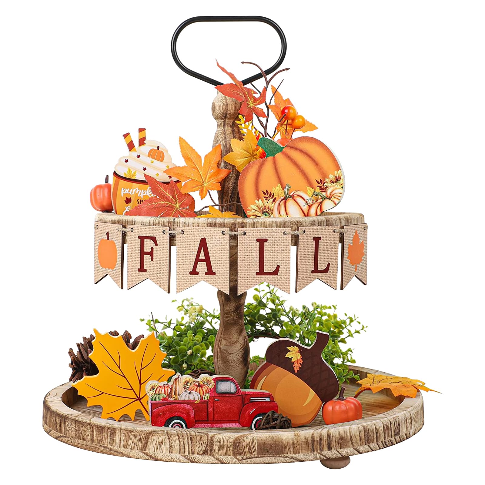11 PCS Fall Farmhouse Tiered Tray Decor Set, Pumpkin Maple Leaves Acorn Wooden Signs Small Farmhouse Fall Decor Thanksgiving Autumn Harvest Table Ornaments, Tray Not Included(yellow)