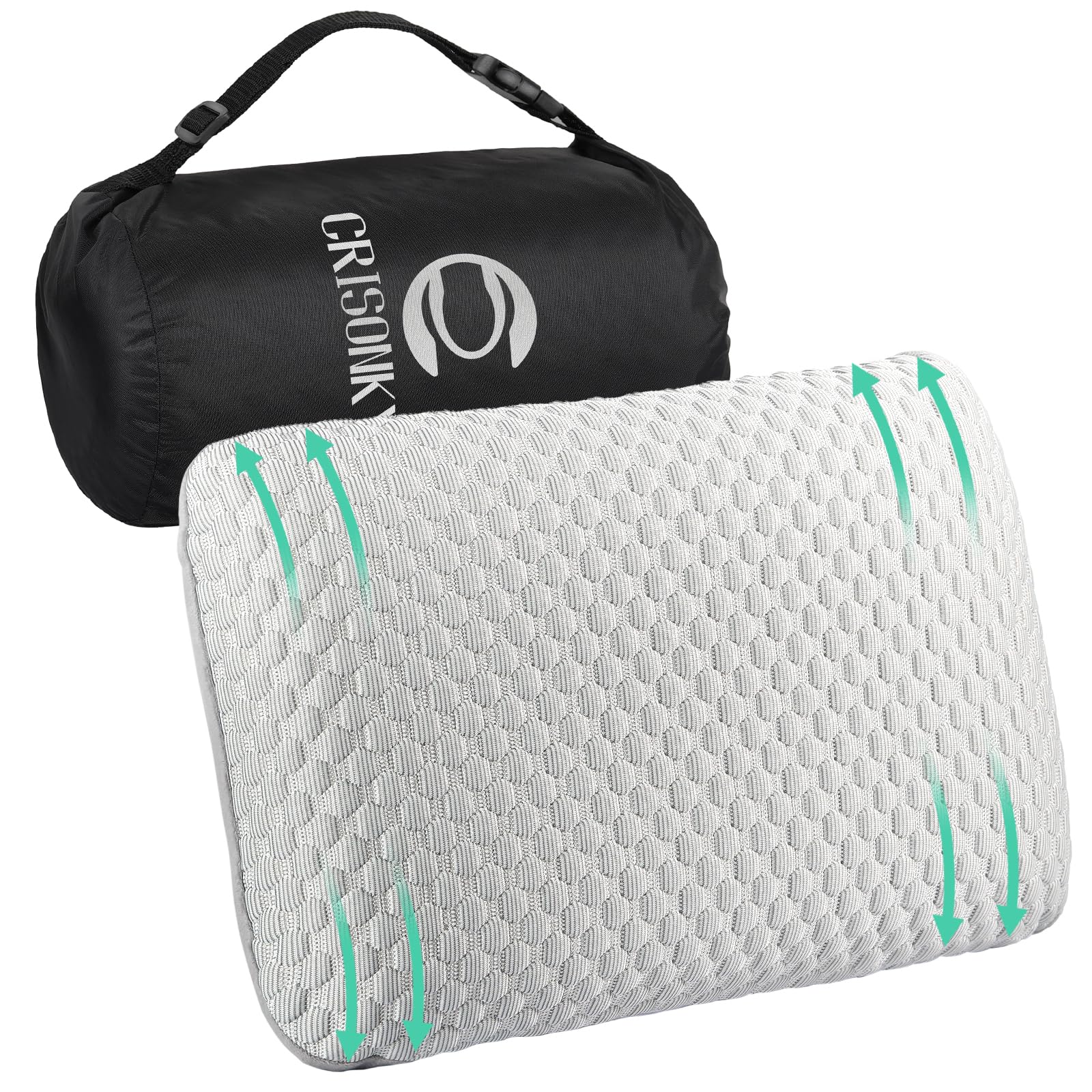 Crisonky Reise- und Campingkissen – Komprimierbares Memory-Schaum-Kissen mit mittlerem Härtegrad, Tragetasche für Rucksacktouren, Lendenwirbelstütze, waschbarer Kissenbezug (Royal-Silber, 50x30x12cm)