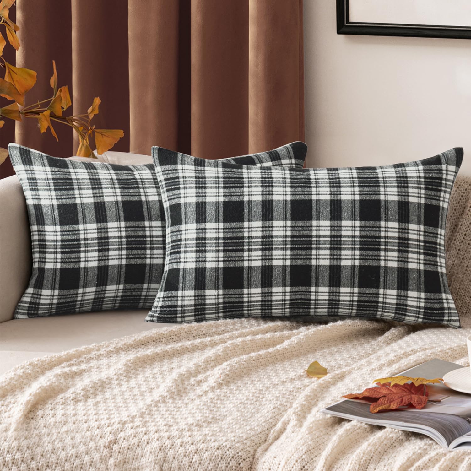 MIULEE Halloween Plaid Pillow Covers Scottish Tartan 12x20 Black and White | Set of 2 Fall Decorations Lumbar Cushion Covers, Farmhouse Winter Home Decor, for Thanksgiving Sofa Couch Bed Living Room
