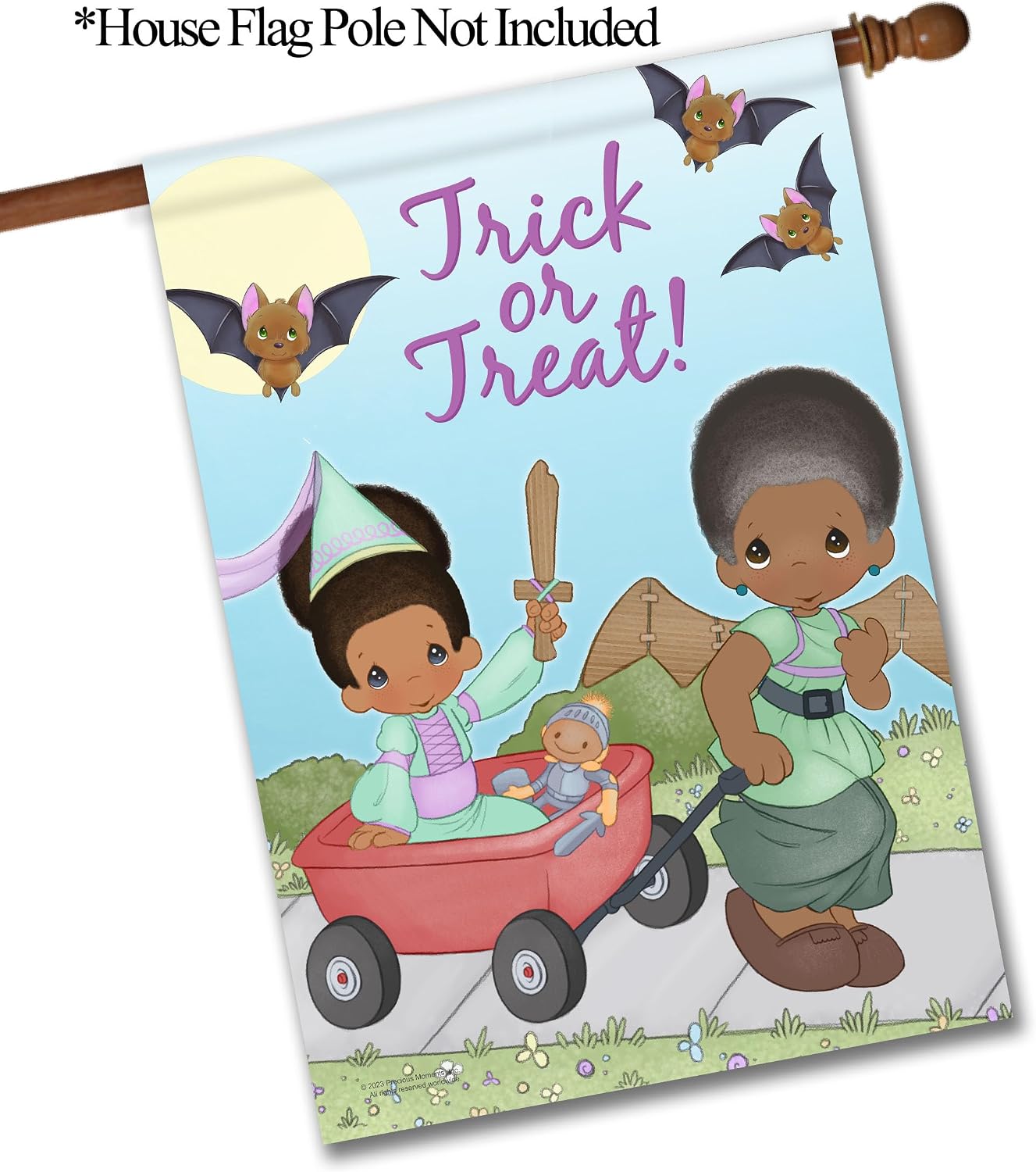 Flagology.com, Precious Moments Trick or Treat Wagon – House Flag 28" x 40", Outdoor Flag, Exclusive Premium Fabric, Licensed Precious Moments, Halloween