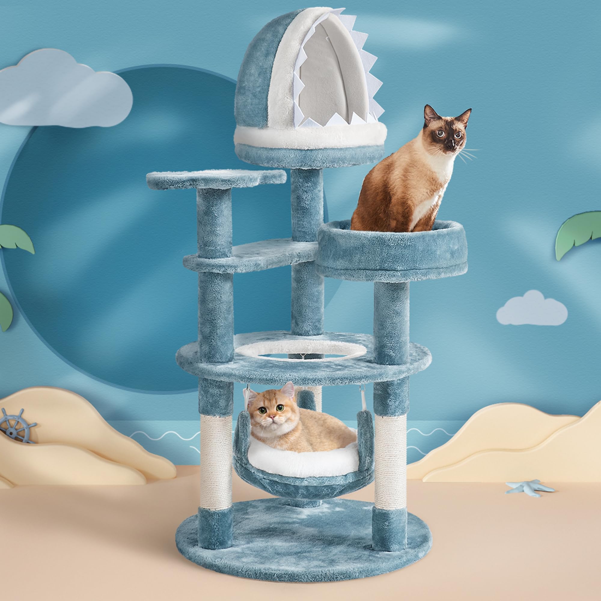 Yaheetech Árbol para Gatos 115cm Rascador para Gato Torre de Gatos con Hamaca Cueva Plataforma Estilo del Océano Azul y Blanco | Torre de peluche con forma de tiburón, con 2 perchas, 1 hamaca, 1 cama para arañar y cuerda de sisal