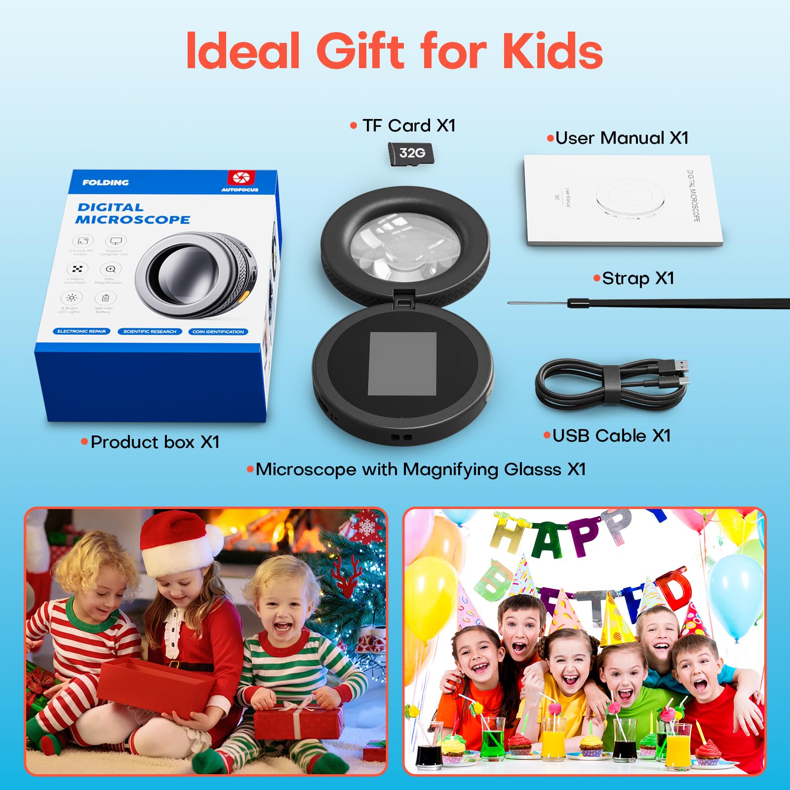 Mini Microscope numérique Portable pour Enfant: électronique Microscope de Poche 500X avec écran HD 2", éclairage LED, Loupe Portatif - Scientifique Cadeau STEM pour Enfant 5-12