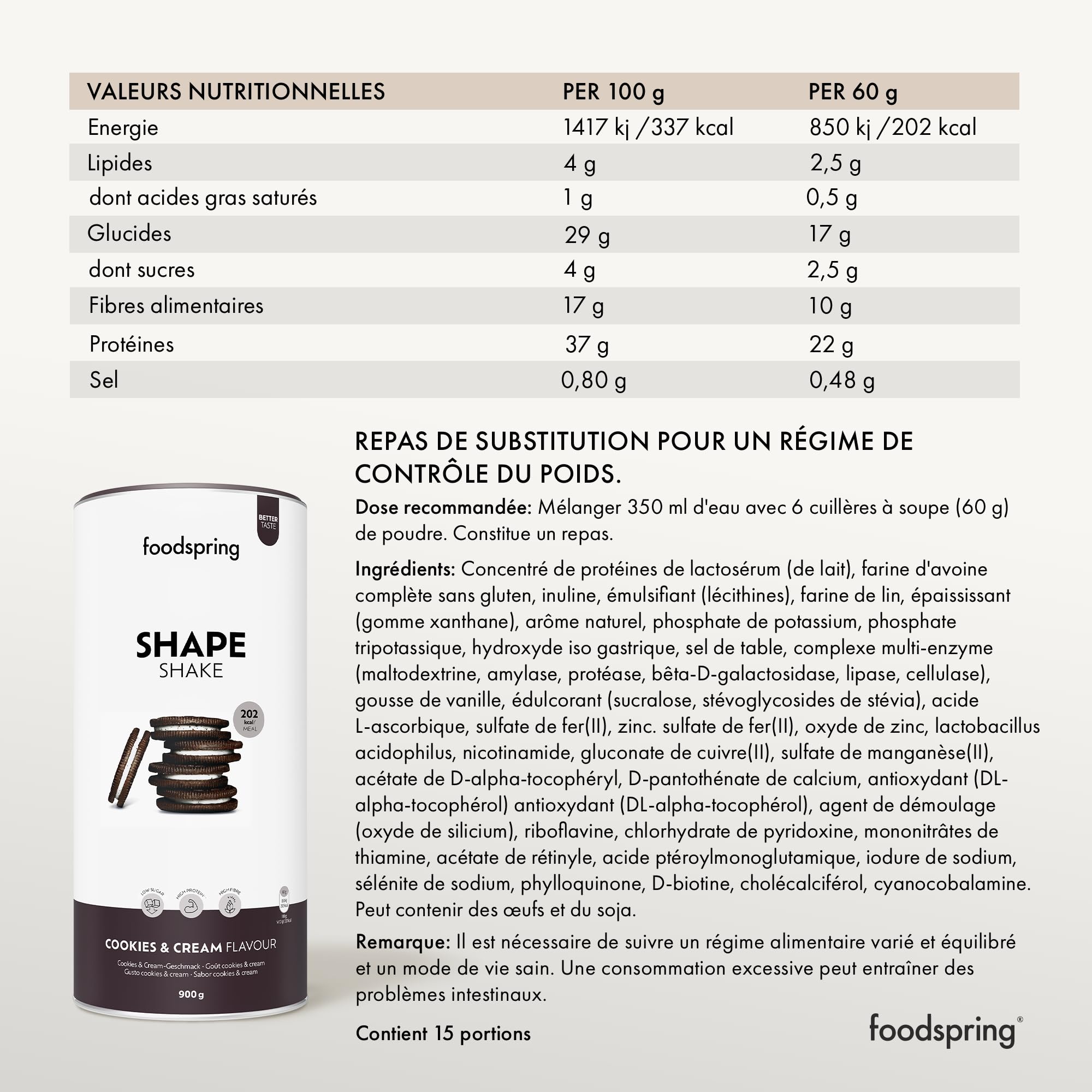 foodspring Shape Shake Cookies & Cream - Substitut de repas complet pour le contrôle du poids avec des protéines de qualité supérieure, 202 kcal par portion, sans gluten - nouvelle recette (900g)