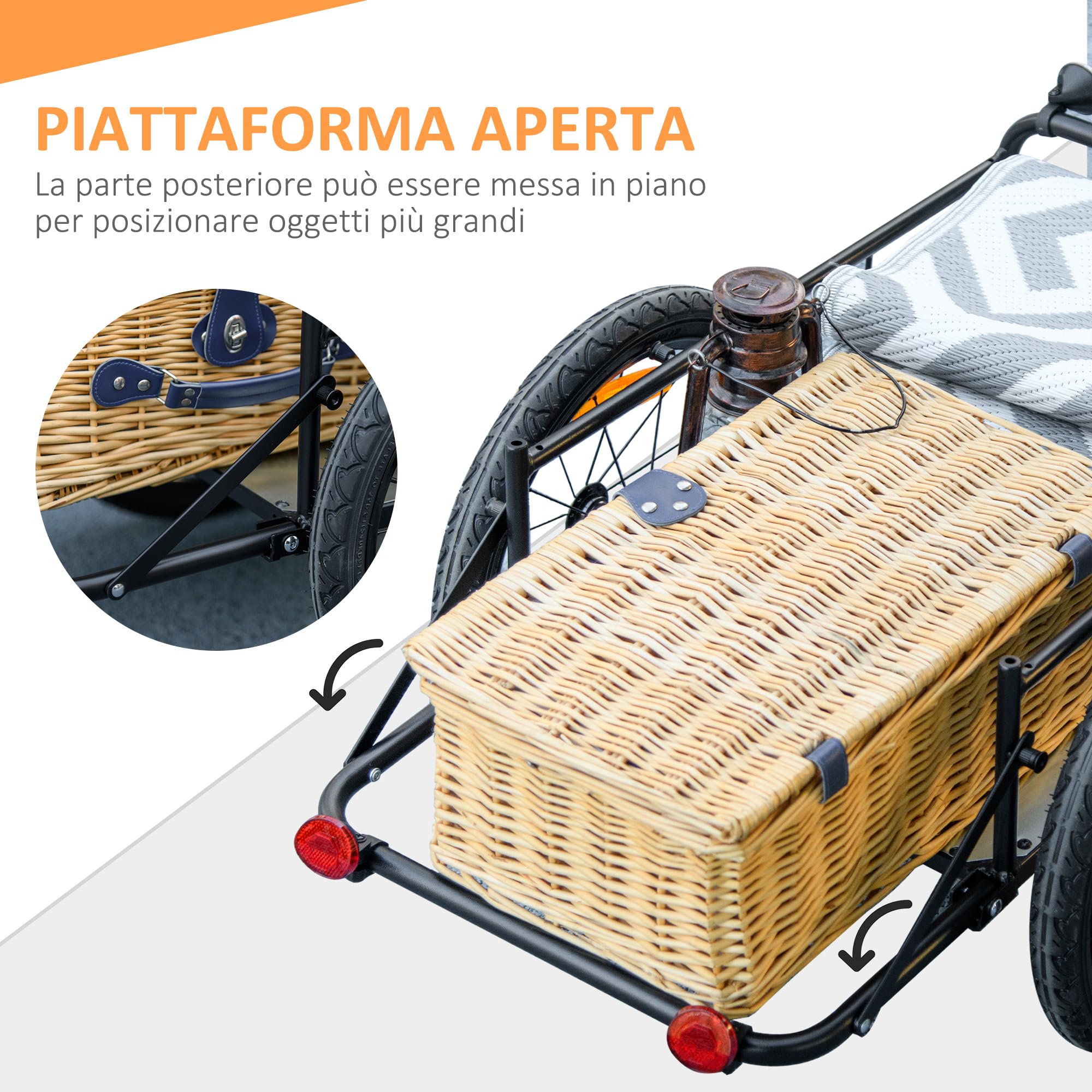 HOMCOM Rimorchio Bici ad Altezza Regolabile con Box Portaoggetti da 65L in Plastica, Bandiera, Catarifrangenti e Strisce Riflettenti, Rimorchio per Bici in Acciaio, 145x61x76/81 cm, Blu