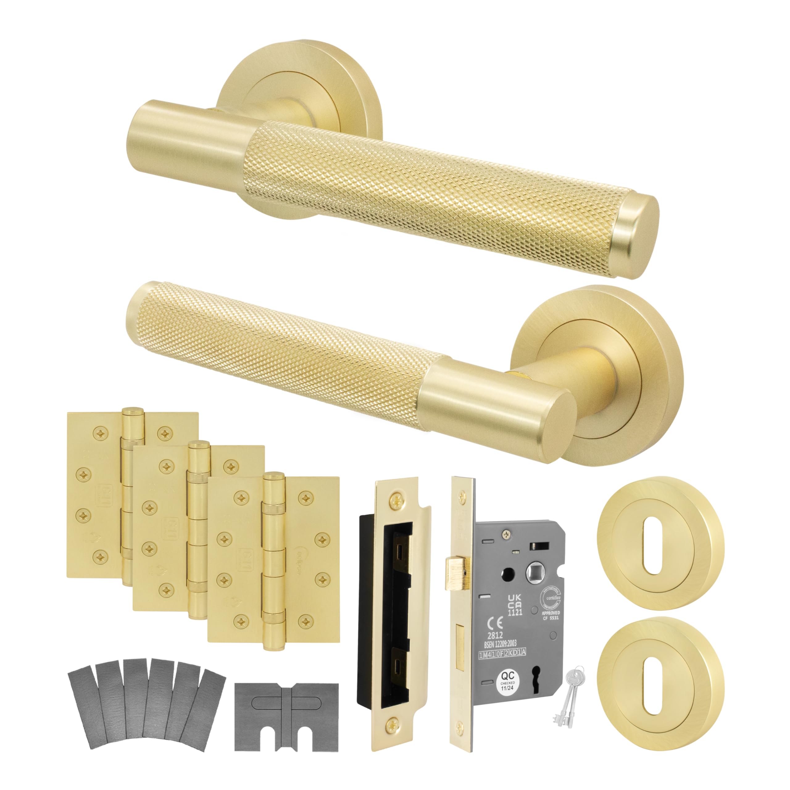 EAI Satin Brass Door Handles Fire Rated with Sash Lock 80mm, Hinges - Varri