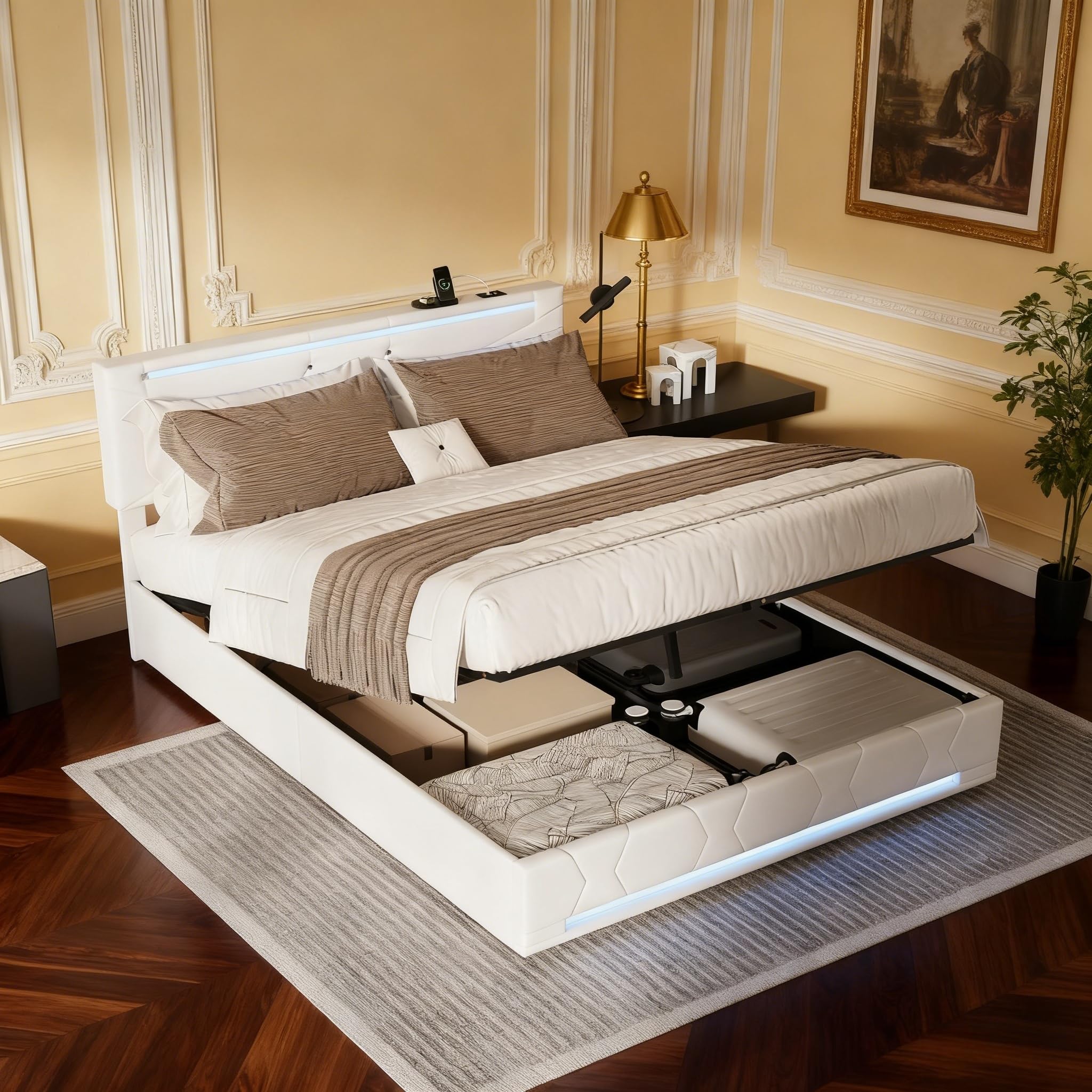 Letto matrimoniale contenitore, 160x200 cm, Letto Baule LED e Porte USB, testiera regolabile, Letto imbottito con contenitore idraulico, Struttura letto con rete a doghe, Lino (Beige/3, 160x200 cm)