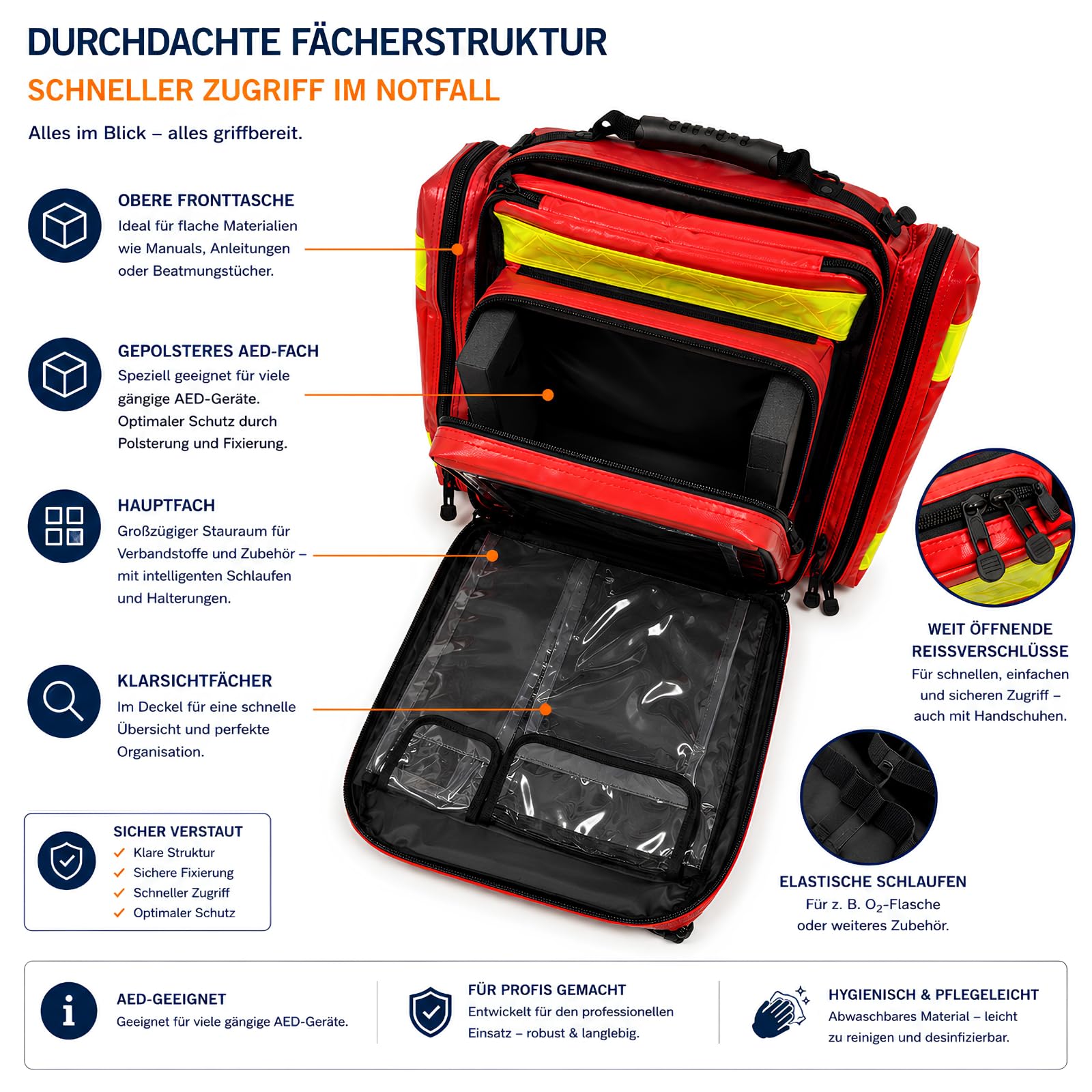 AEROcase AED-Notfallrucksack Größe M rot 44x38x21 cm | Gefüllt nach DIN 13157, Kompatibel mit gängigen AED-Geräten & 0,8 L O2-Flasche, 85-teilige Erste-Hilfe-Ausstattung