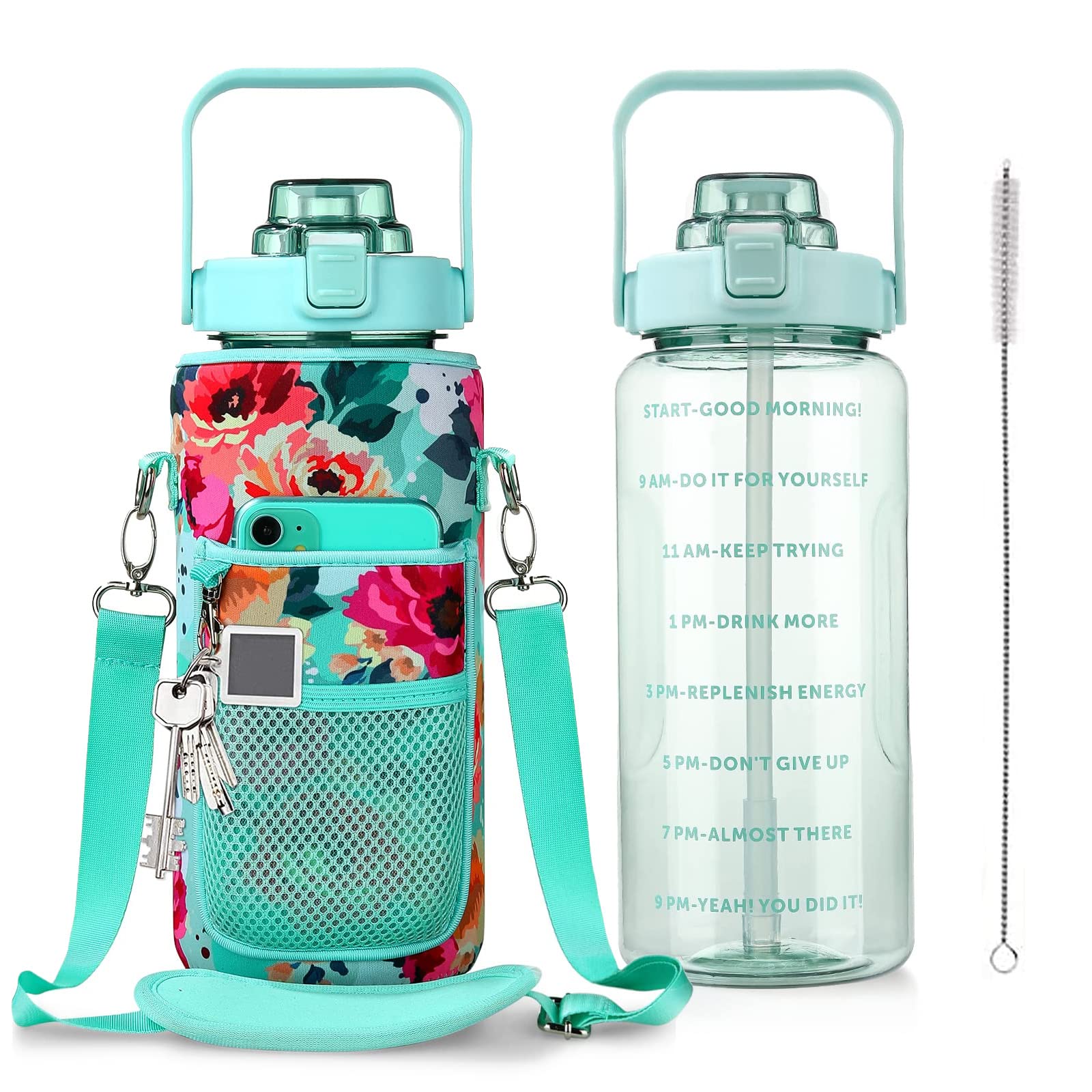 Chokoter Half Gallon Water Bottle with Sleeve, 64OZ Motivational Water Bottle with Straw & Time Marker, BPA Free Leakproof Large Sports Water Bottle,