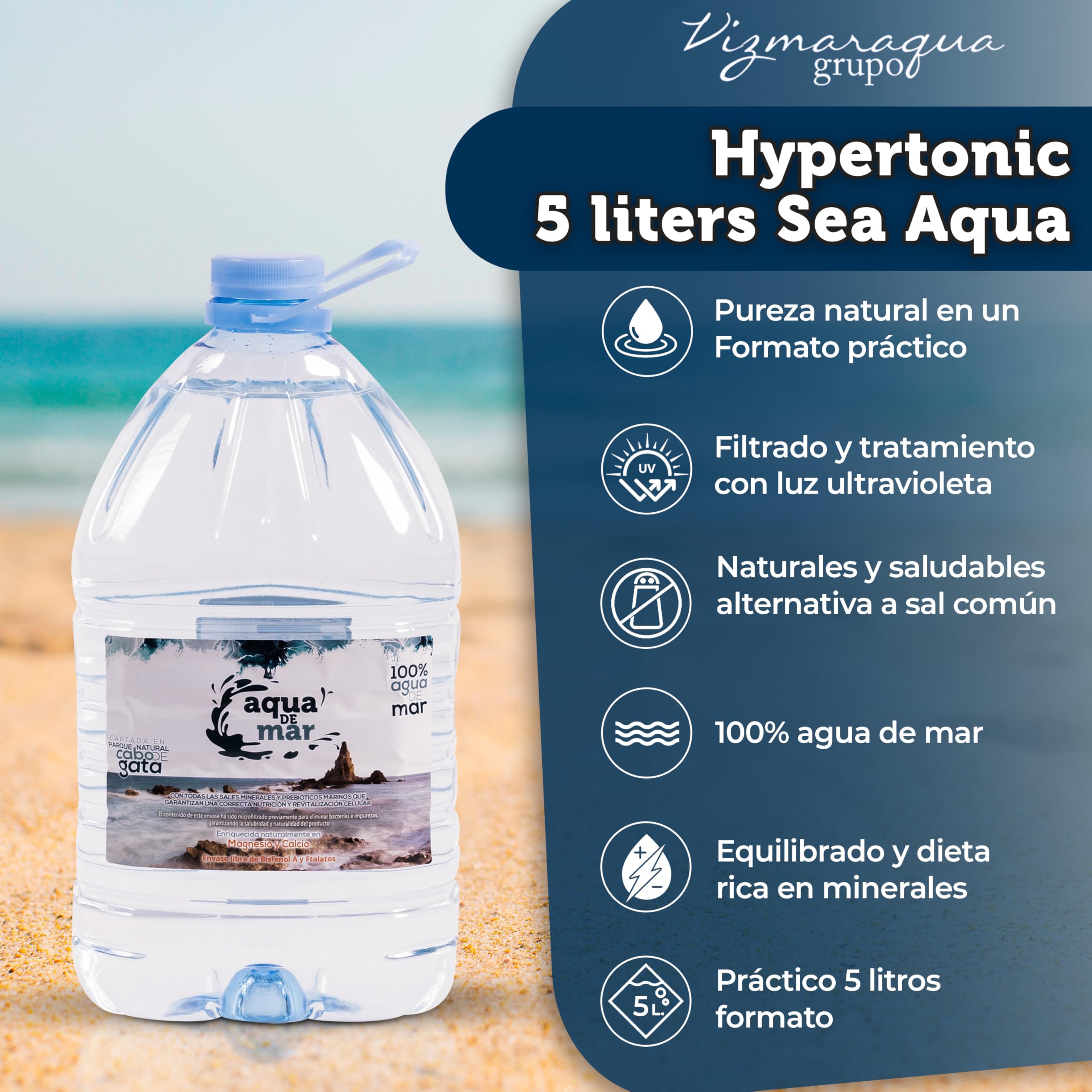 Eau de mer hypertonique 5 litres - Récipient plastique sans bisphénol A et phtalates - Aqua de mer - Multiples avantages - Captée dans le parc naturel de Cabo de Gata - Eau de mer à boire - Vizmaraqua