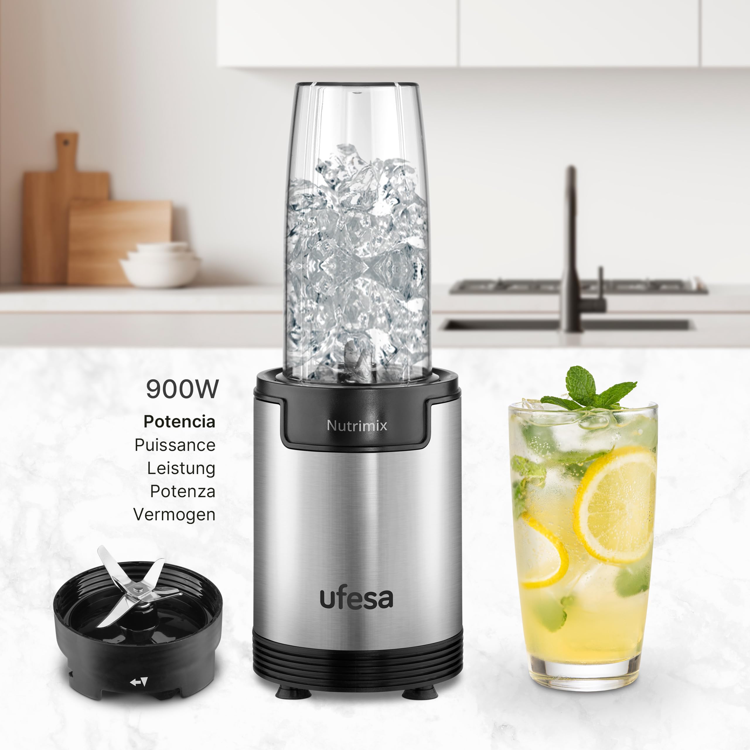Ufesa Nutrimix Mixeur à Verre Individuel, Extracteur de Nutriments et Vitamines Multifonction, 900W de Puissance, Lames en Acier Inoxydable, Smoothies et Shakes, Broie de la Glace, Accessoires 6 en 1
