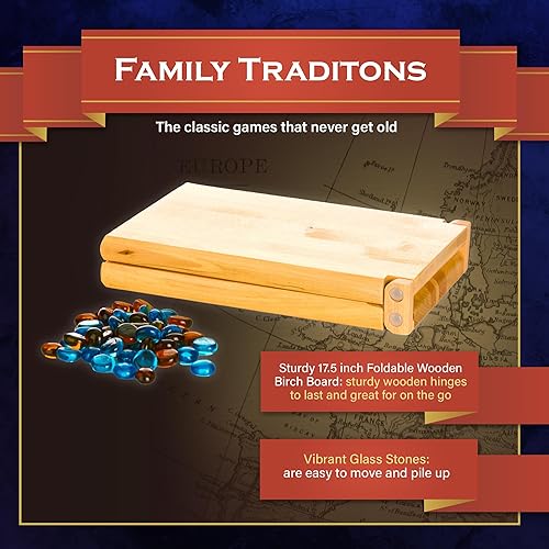 Miniatura 8 de Family Traditions Mancala - Juego de mesa para 2 jugadores, divertido juego de mesa clásico con tablero de madera y bolsillos profundos para gemas