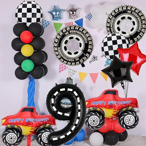 Miniatura 5 de Decoraciones de fiesta de camión monstruo, 9 globos de aluminio de cumpleaños de Monster Truck para camión monstruo de 9 cumpleaños, suministros de