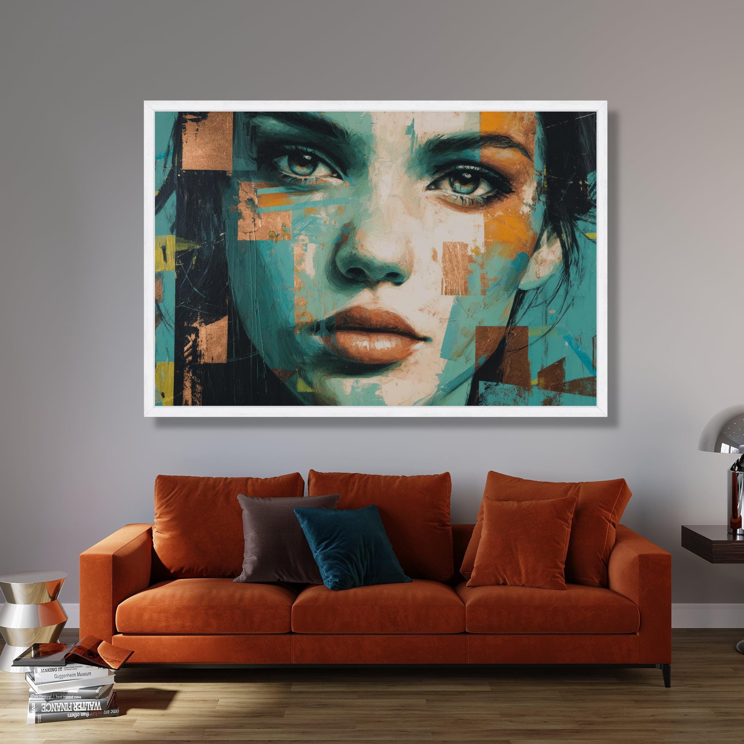 CAOXTART Abstraktes Frauenporträt, Ölgemälde, zeitgenössische Wandkunst, Farbdrucke mit Gesichtsmotiven, blaue und kupferfarbene Wohndekoration (40x60cm/Innenrahmen)