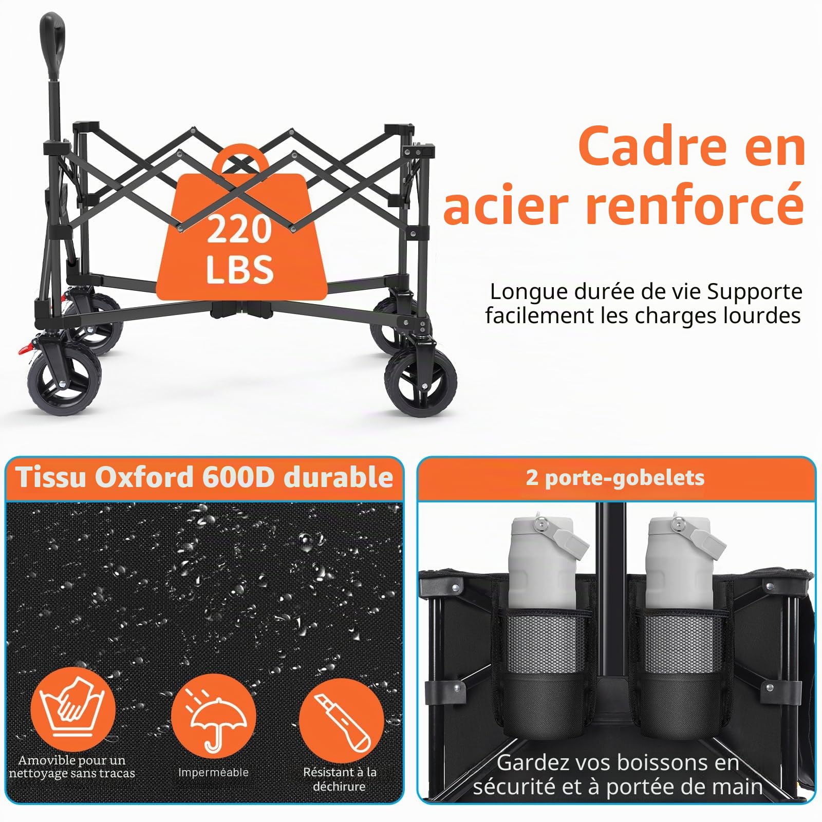 BELEEV 130L Chariot Pliable avec Freins, Chariot de Plage 6inch Roues Tout Terrain, Poignée Réglable, Grande Capacité 100KG pour Extérieur Camping Festival, BBQ, Pique-Nique, Camping, Jardin
