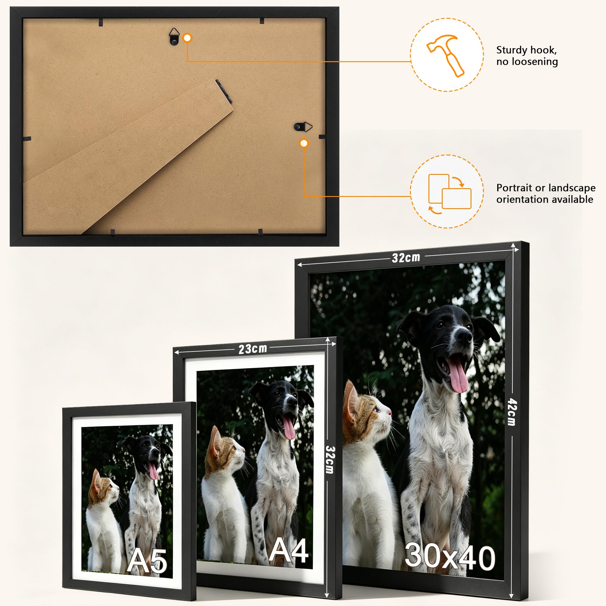 Set de 2 Marcos de Fotos A4 Negros 29,7x21 cm, Marco para certificado, Marco de Foto de Mesa y Pared, en MDF y Acrílico Irrompible para Certificados, Diplomas, Decoración Casa y Oficina