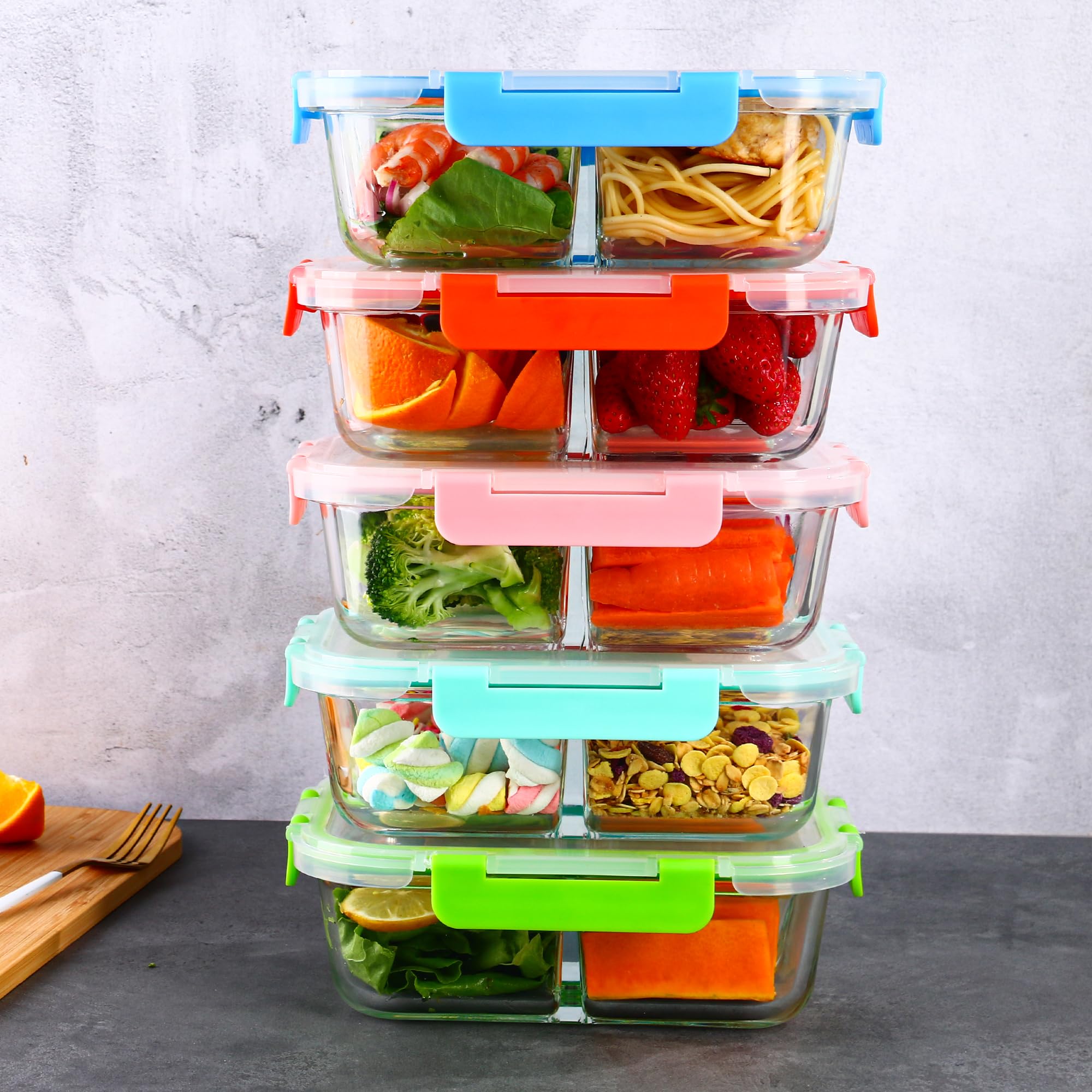 5 paquetes de recipientes de vidrio de 880 ml, 2 compartimentos, recipientes de vidrio para almacenamiento de alimentos con tapas, cajas Bento de vidrio herméticas, aptos para horno, congelador