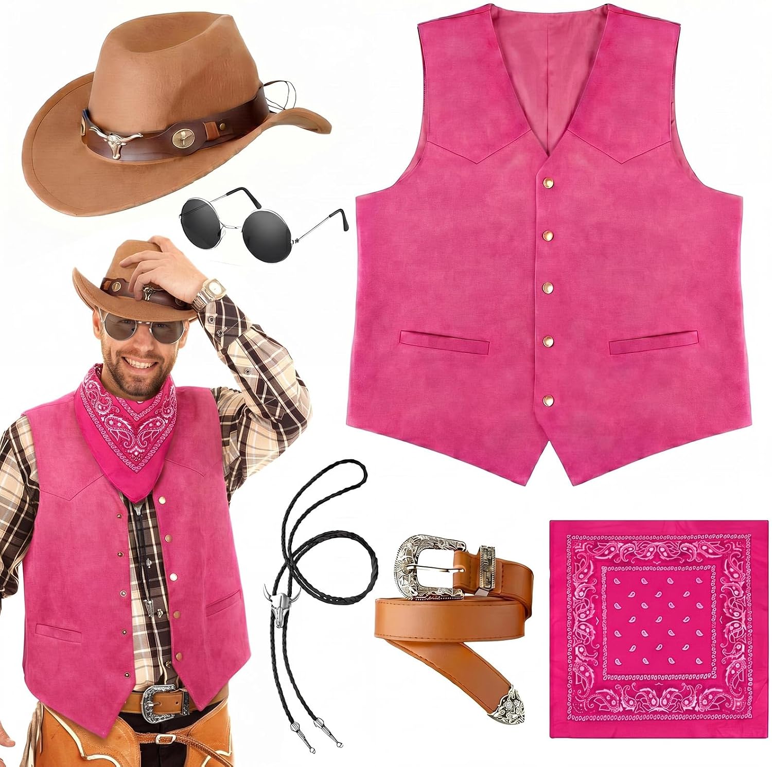 Vabean 6 Pcs Cowboy Costume Men Western Outfit Cowboy Vest Hat Necklace Belt Buckle Bandana Glasses for Rave Accessories