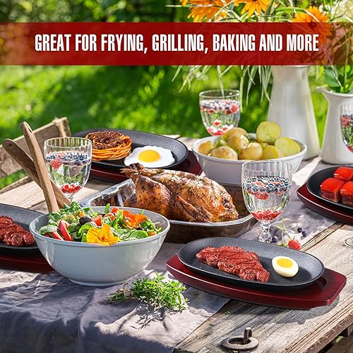 Miniatura 5 de Mifoci Juego de 12 sartenes ovaladas de hierro fundido para fajita, plato pequeño para carne chisporroteante con base de madera y mango de hierro