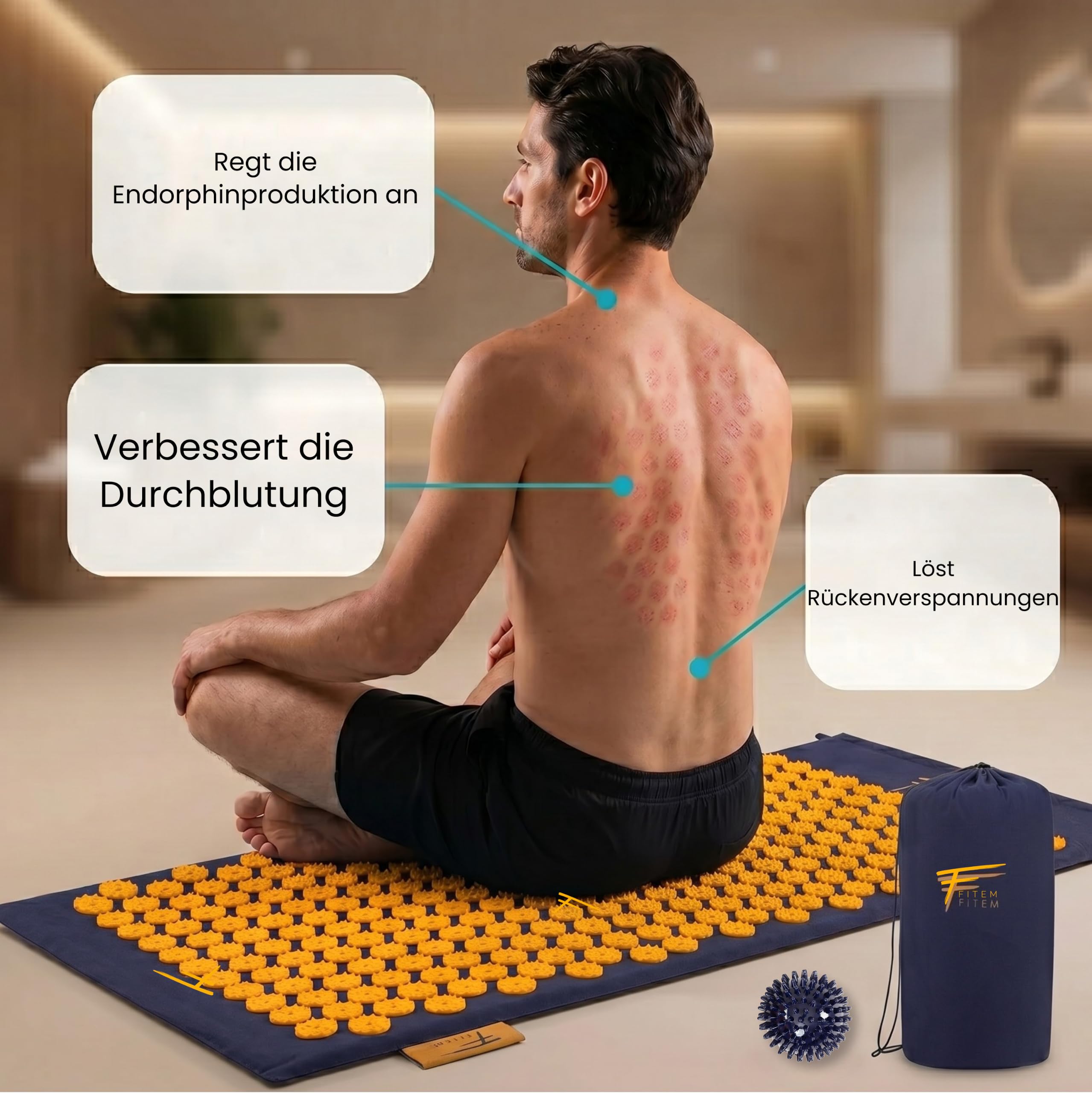 Fitem Akupressur-Set mit Matte, Kissen, Tasche und Massageball, lindert Rücken- und Nackenschmerzen, fördert Muskelentspannung, Massage, Entspannung und Wohlbefinden zu Hause