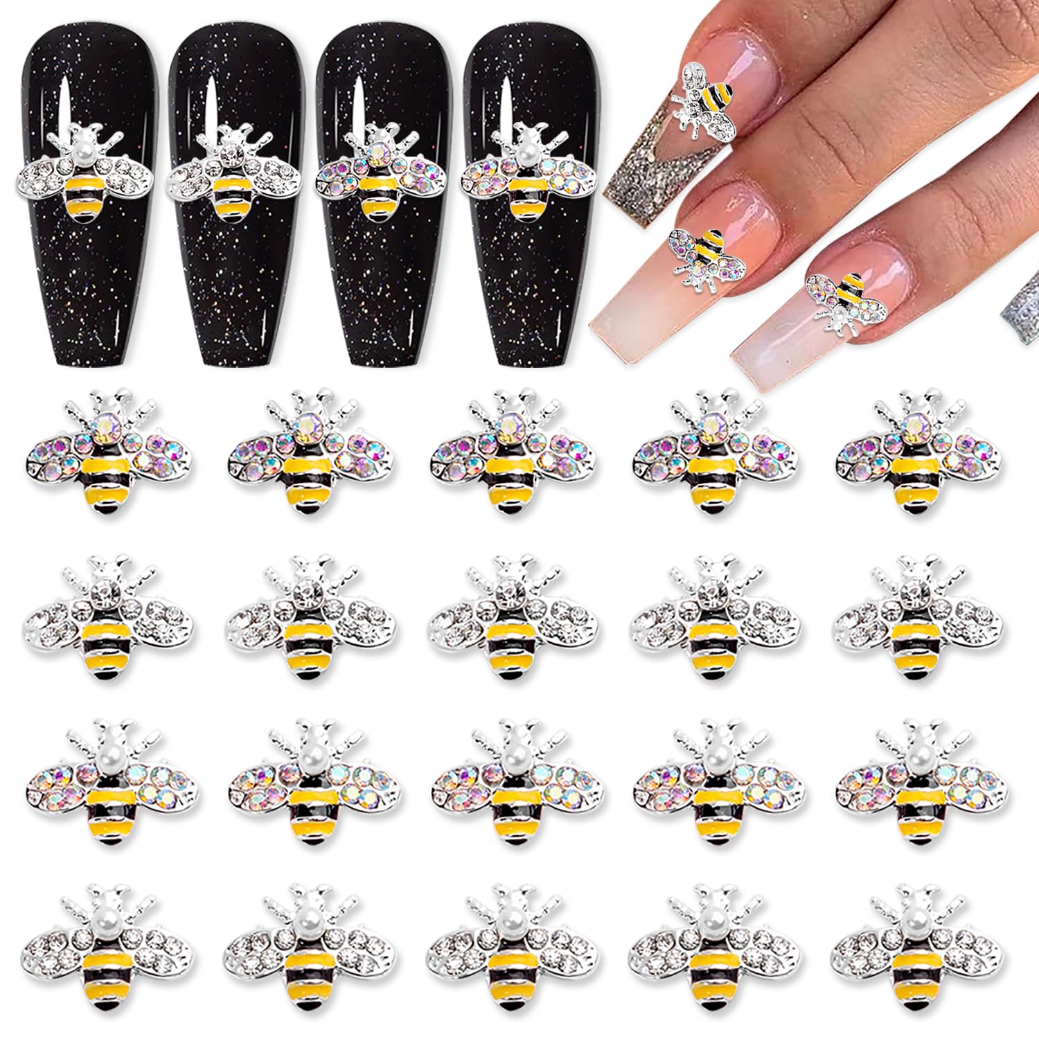 20pcs Alloy Bee Nail Charms Silver Bee Charms for Acrylic Nails Metal Nail Bee Charms Inlay Clear AB Rhinestones or Pearls Cute Mini Bees Nail Studs Nail Jewels for Women Girls Nail Art