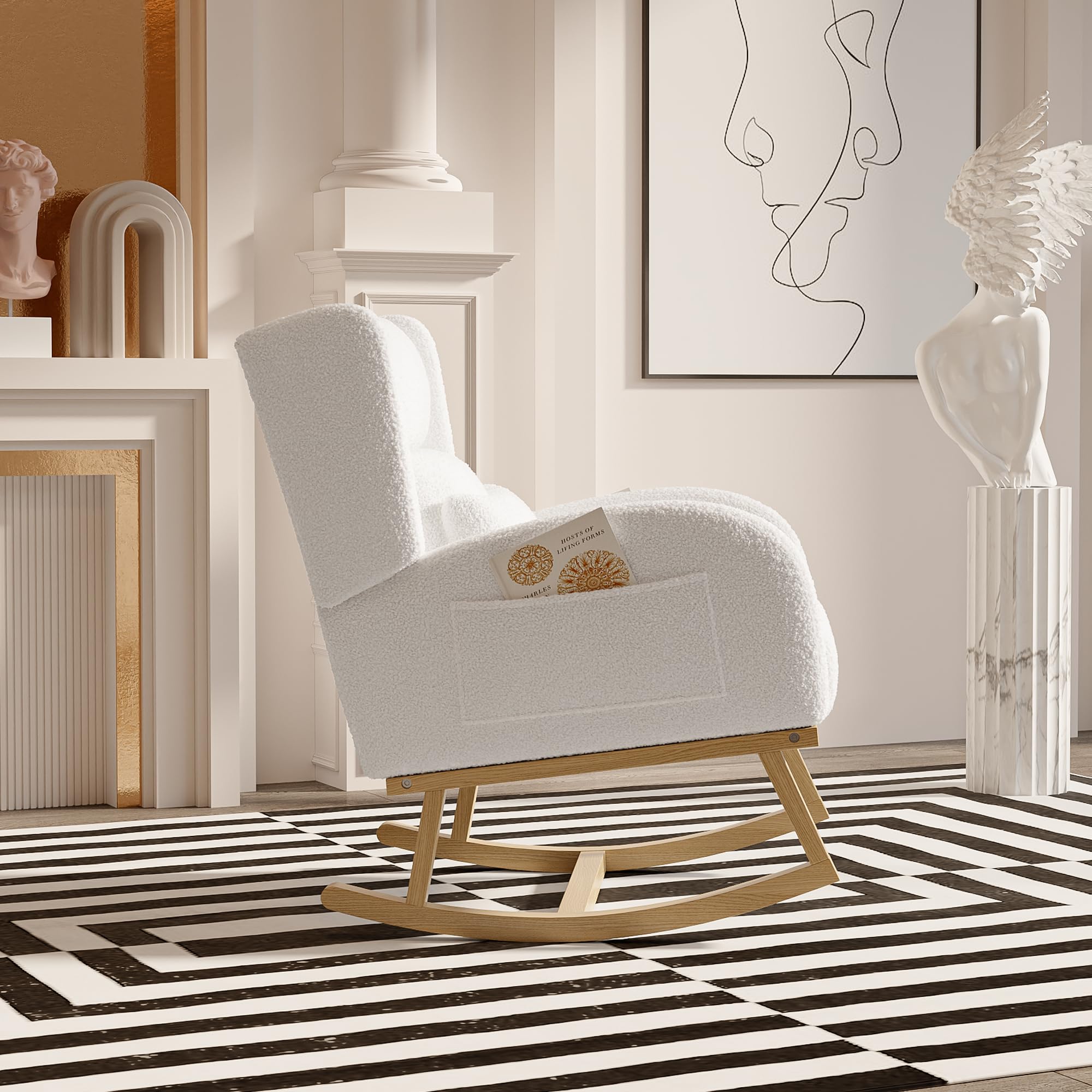 Sillón de lactancia con cojín, Silla mecedora con bolsillos, Mecedora interior exterior, Silla de lactancia para habitación del bebé, Silla mecedora para habitación, Balcón (Blanco-3, 65x92x89