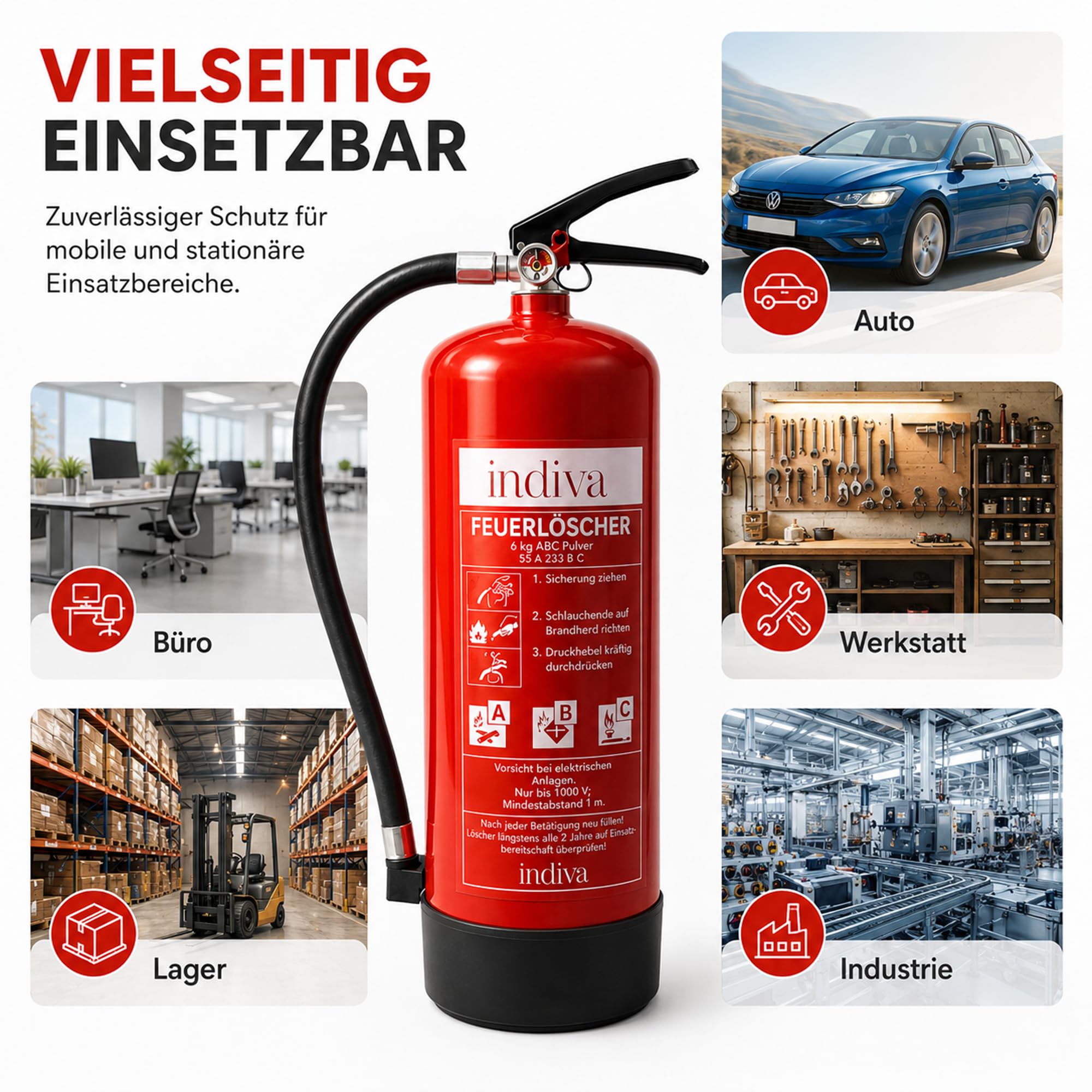 Pulverfeuerlöscher Brandklassen ABC - Feuerlöscher 6kg - Dauerdrucklöscher 43A 233 B C - Löscher für Auto, Büro, Werkstatt, Lager & Industrie - Pulverlöscher 12  Löscheinheiten