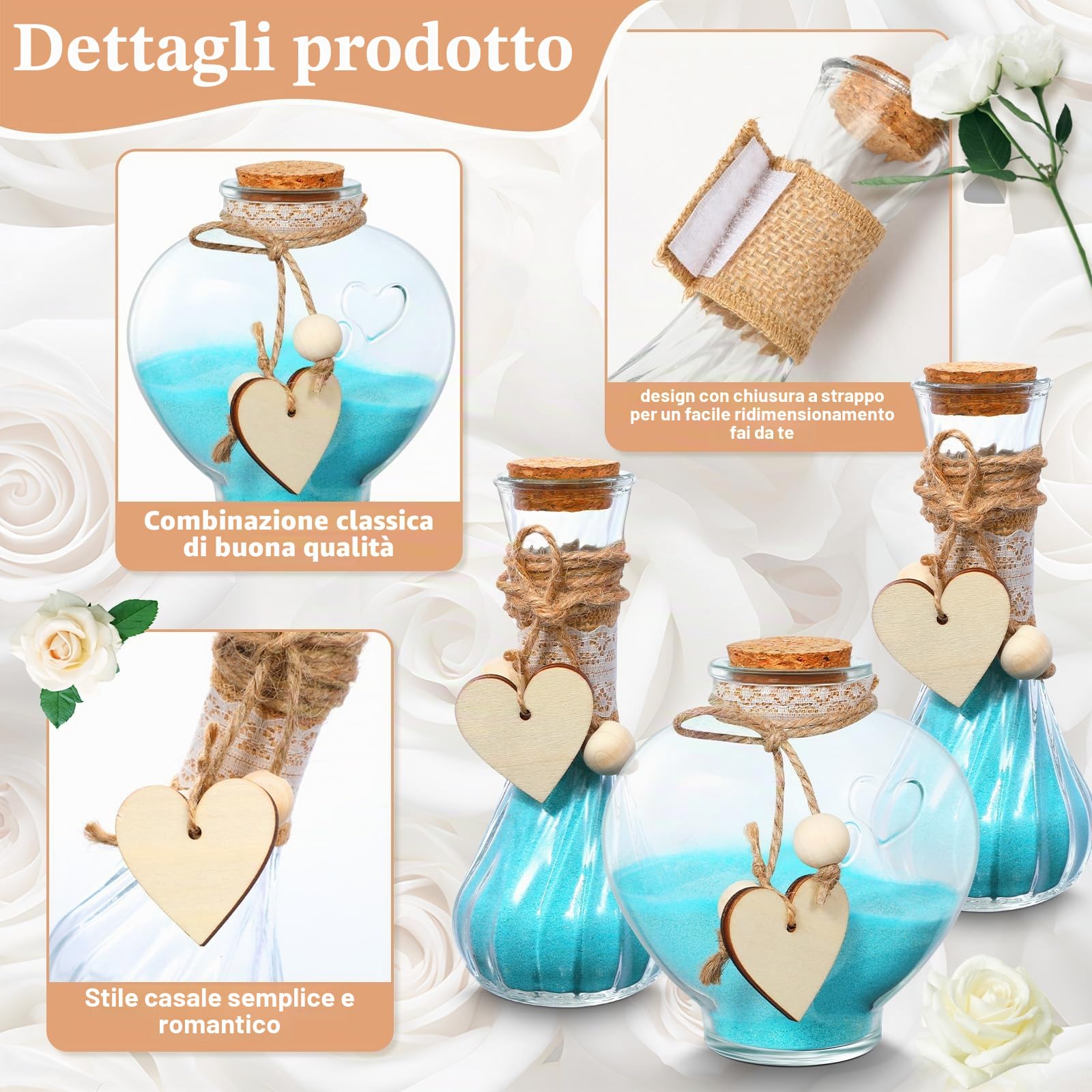 Layhit Il set per cerimonia di sabbia Unity include 3 vasi decorativi con maniche in iuta e pizzo e corda di canapa amore in legno, kit personalizzato per cerimonia nuziale, sabbia non inclusa