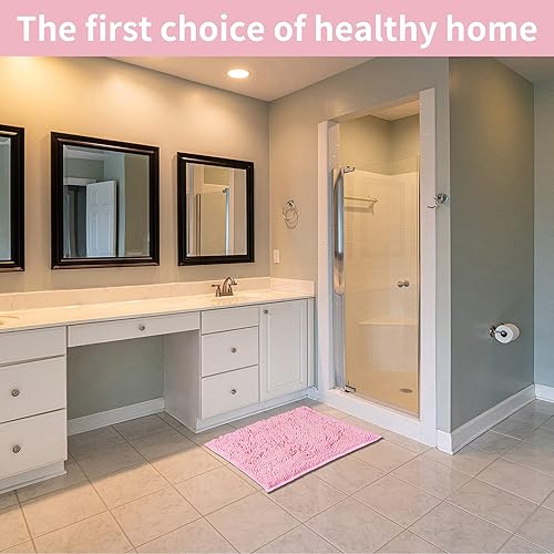 Miniatura 3 de Alfombras rosadas para el baño, felpilla antideslizante, extra suave y absorbente, alfombra para ducha, lavable a máquina, de secado rápido (rosa,