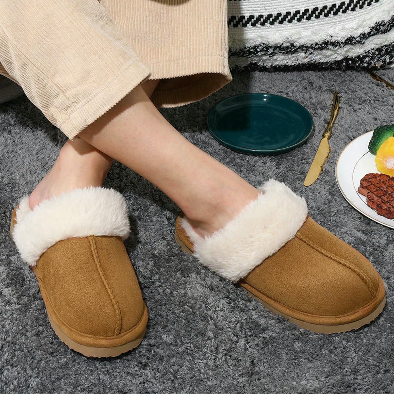 Pantofole da Donna in Memory Foam Scarpe Casa Invernali Calde Camera alla Moda Esterno-beige-46-47