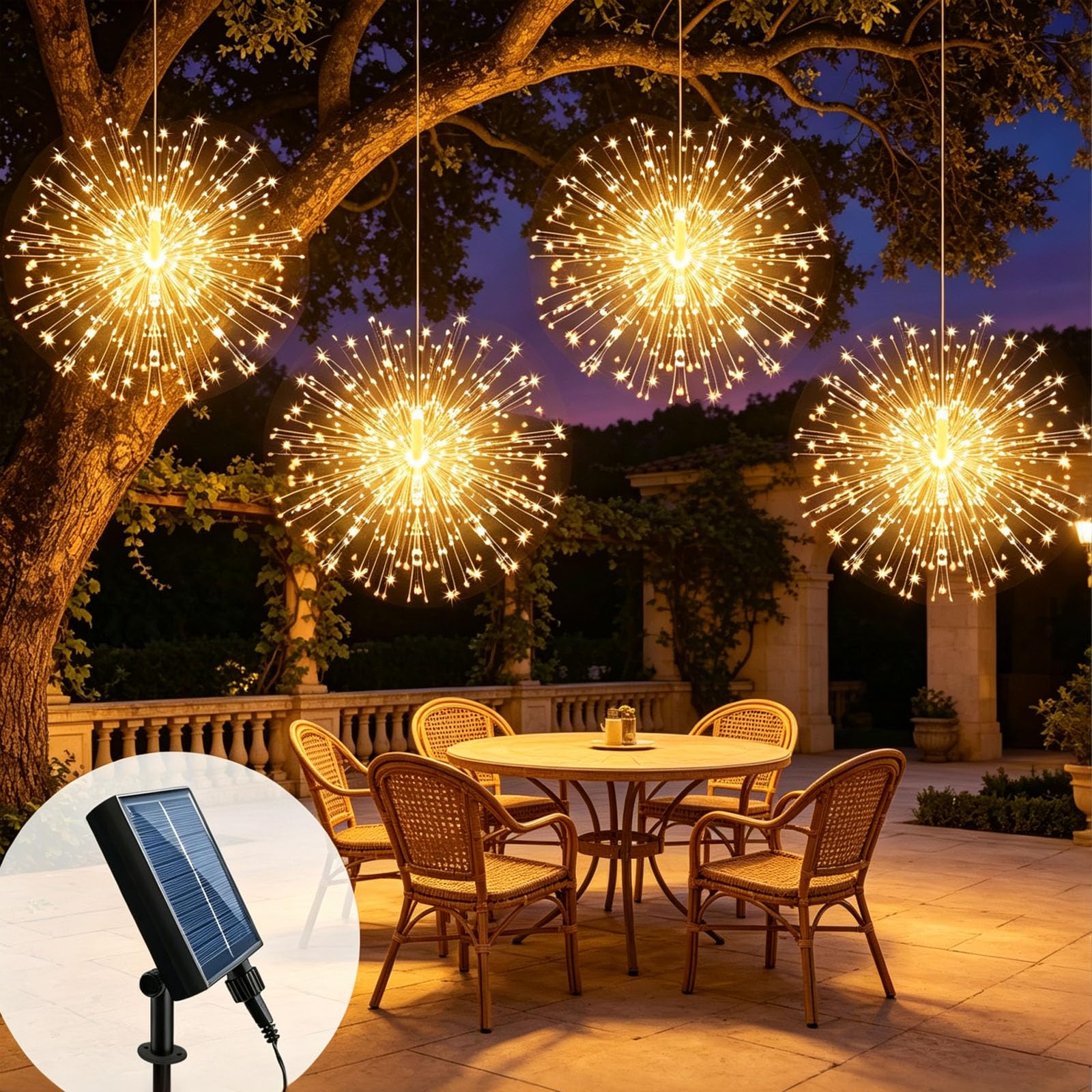 Weiongppy 7M 360LED Feuerwerk Lichterkette, Solar Lichterkette Aussen, Weihnachtslicht Starburst Solarlampen Mit 8 Modi, IP65 Wasserdicht Feuerwerk Lichter für Garten,Balkon,Terrasse,Hochzeiten,Party