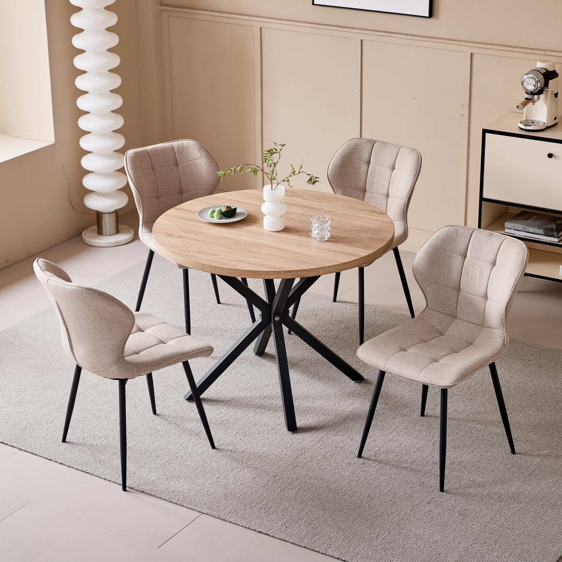 GrandCA HOME Tavolo da Pranzo Rotondo con Piano Moderno Effetto Marmo, Tavolo da Pranzo da Cucina con Quattro Gambe in Metallo, per Sala da Pranzo, Marrone Chiaro