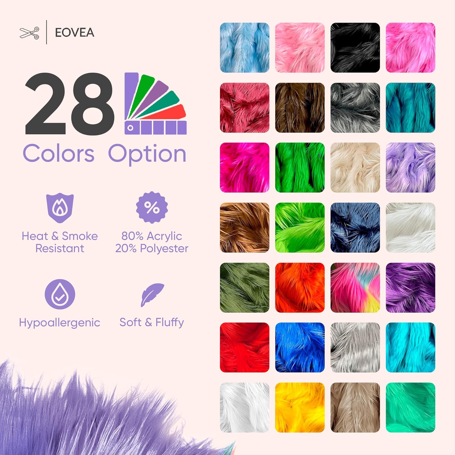 EOVEA Shaggy Faux Fur Fabric by The Yard – 60” Wide | Fluffy, Soft Fake Fur Material for Sewing, Crafts, Costumes, Upholstery & Home Decor | Long Pile Plush Fabric(Lavender,Half Yard)