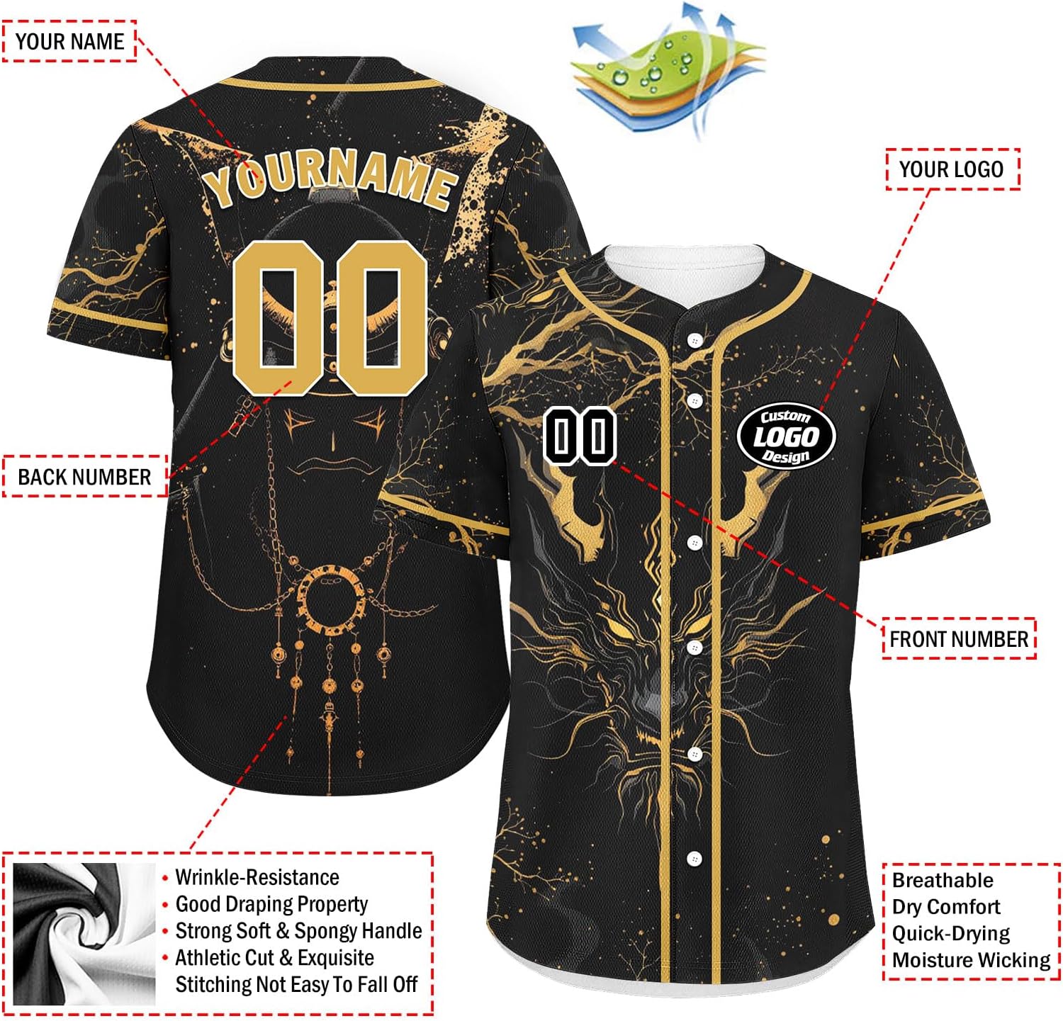 Custom Dragon Print Baseball Jersey for Men Women Youth Personalized Name Number Breathable Quick Dry Sports Shirt