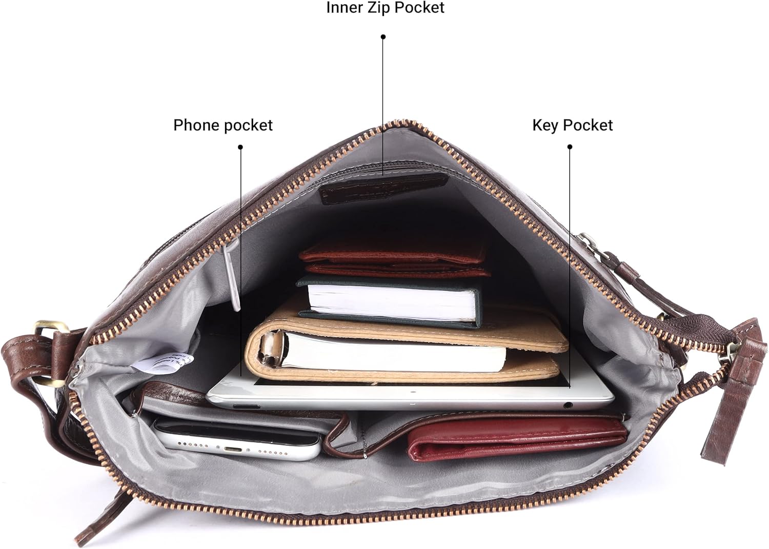 Olga Women's Extra-Large Genuine Leather Crossbody Purse – Soft Triple-Zip Shoulder Bag - Image 5