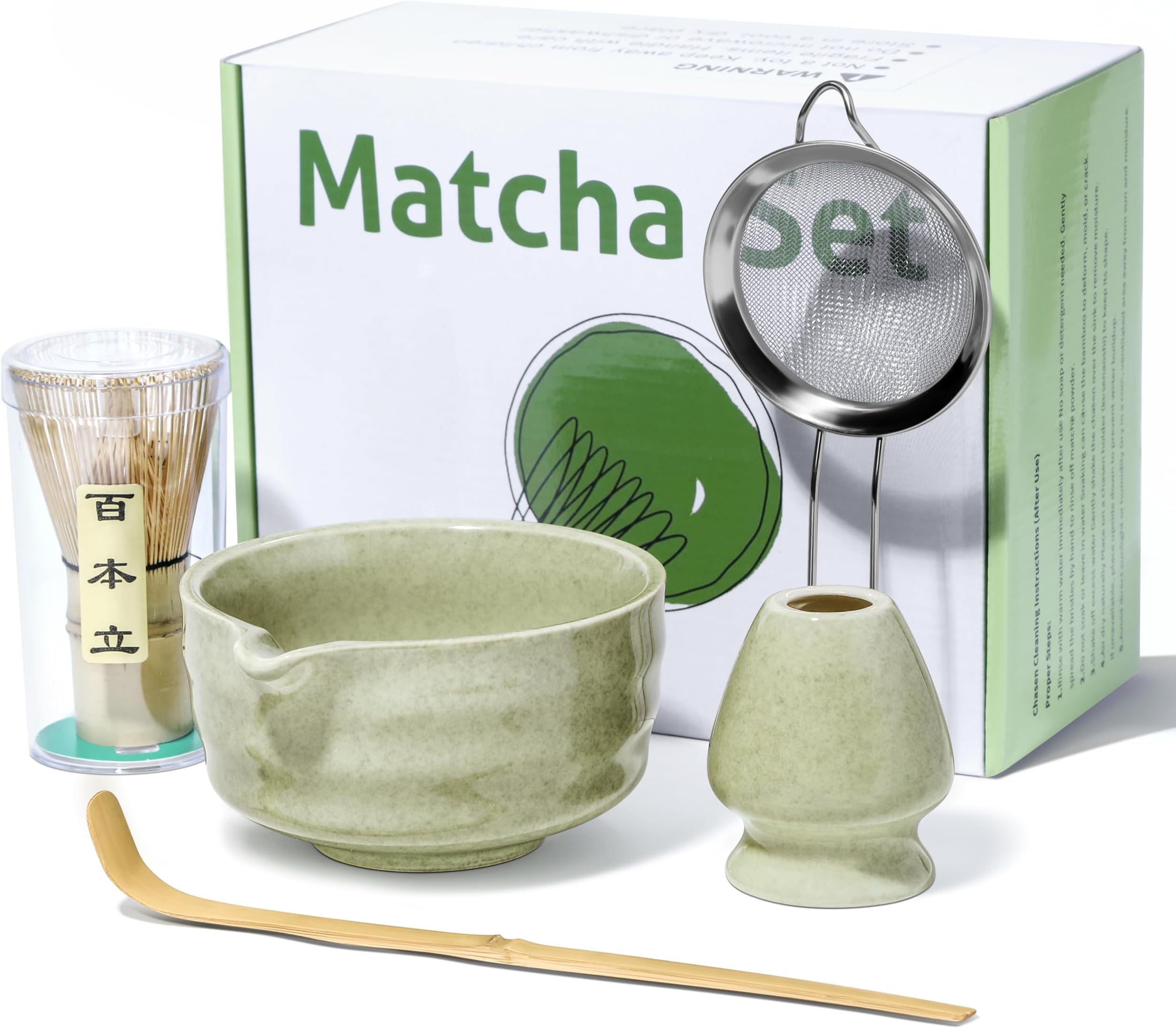 Matcha Whisk Set and Bowl Kit, Matcha Set Includes Ceramic Bowl with Spout, Whisk, Stainless Steel Sifter, Spoon & Holder for Matcha Tea, 5 PCS Matcha Gift Set for Beginners & Matcha Lovers, Birthday