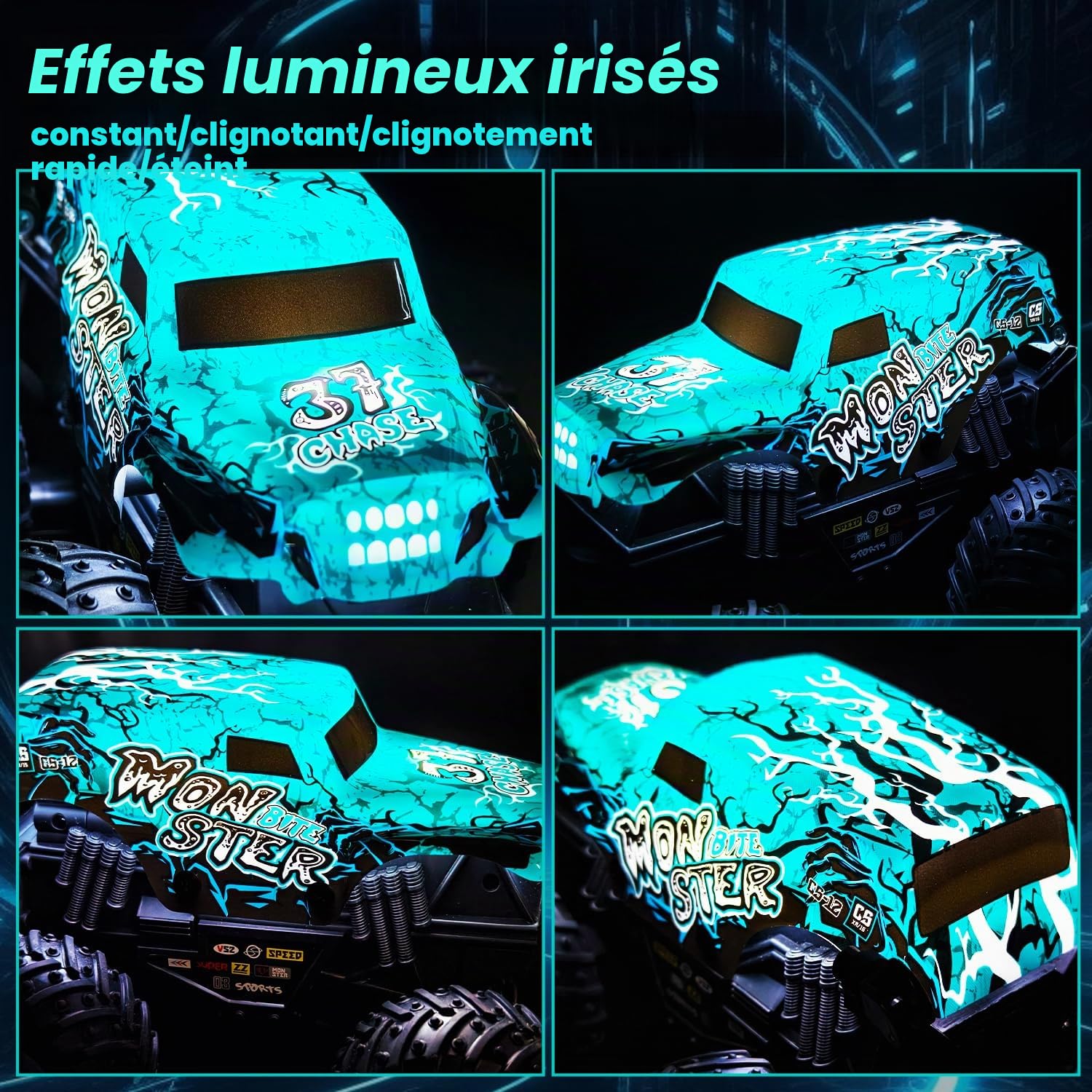 Halloween Monster Truck avec télécommande, camion monstre 1/20 avec marche verticale et rotation à 360°, 20 km/h, voiture télécommandée avec lumière LED et musique, jouets d'Halloween, cadeaux