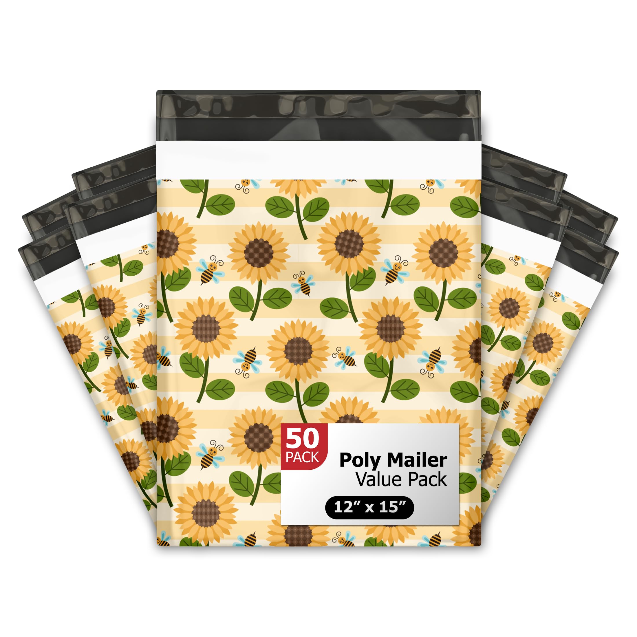 Pro Supply Global Sunflowers & Bees Designer Poly Mailers - 50 Packs 12"x15" - Ideal Waterproof Self-Sealing Polymailers, Tear-Resistant Shipping Bags
