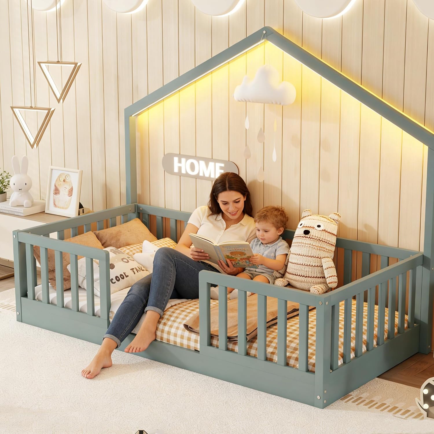 Twin Size Montessori Floor Bed, House-Shaped with LED Strip Lights, 19.4” High Guardrails, Wood Floor Bed Frame, No Box Spring Needed, Easy Assembly for Kids, Grey