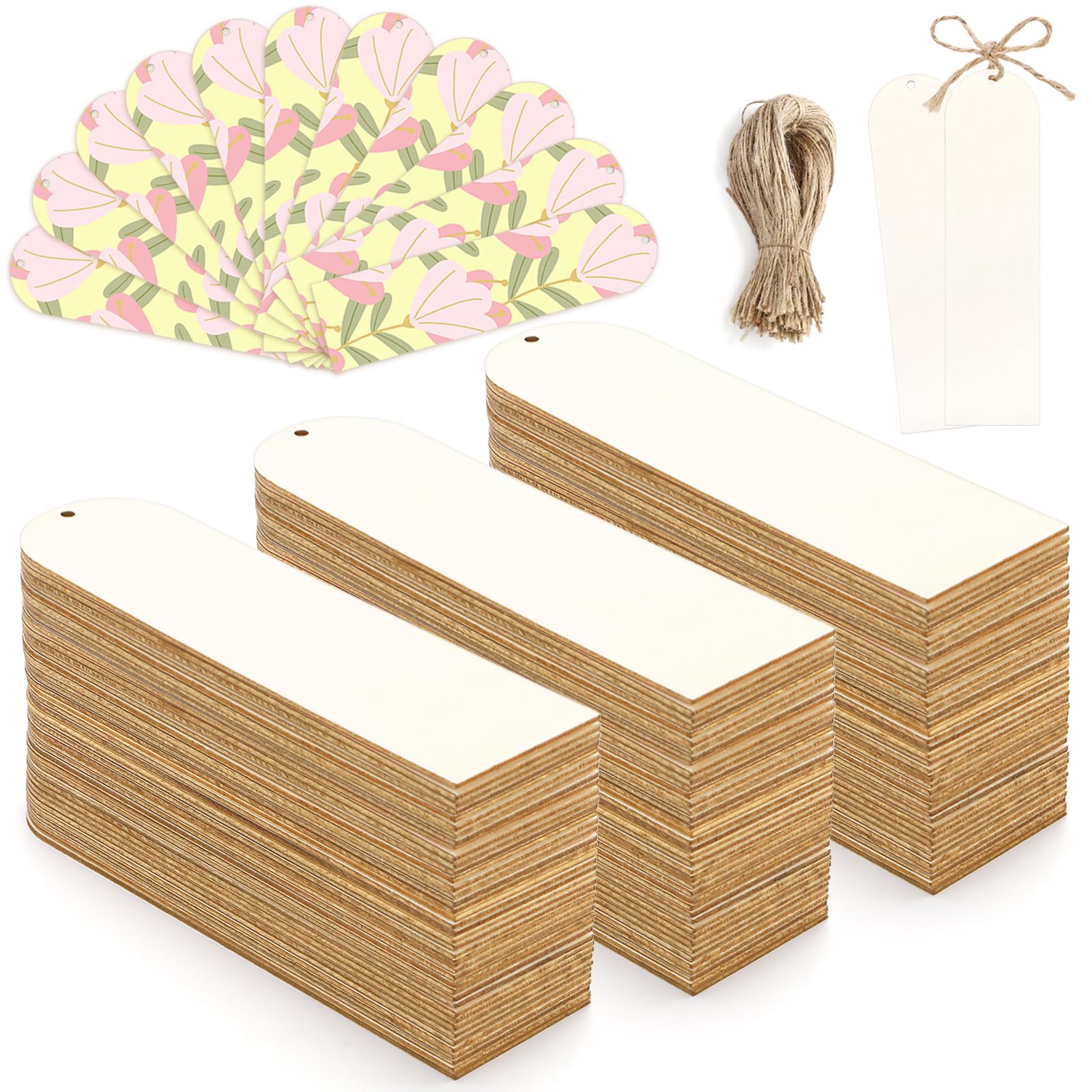 WRINGKIT 150 PCS Wood Bookmarks Blank, Arch Unfinished Wood Bookmark with Ropes, Large Wooden Gift Tags Labels, Book Markers Ornaments for DIY Crafts, Painting, Wedding Christmas Birthday Party Decor