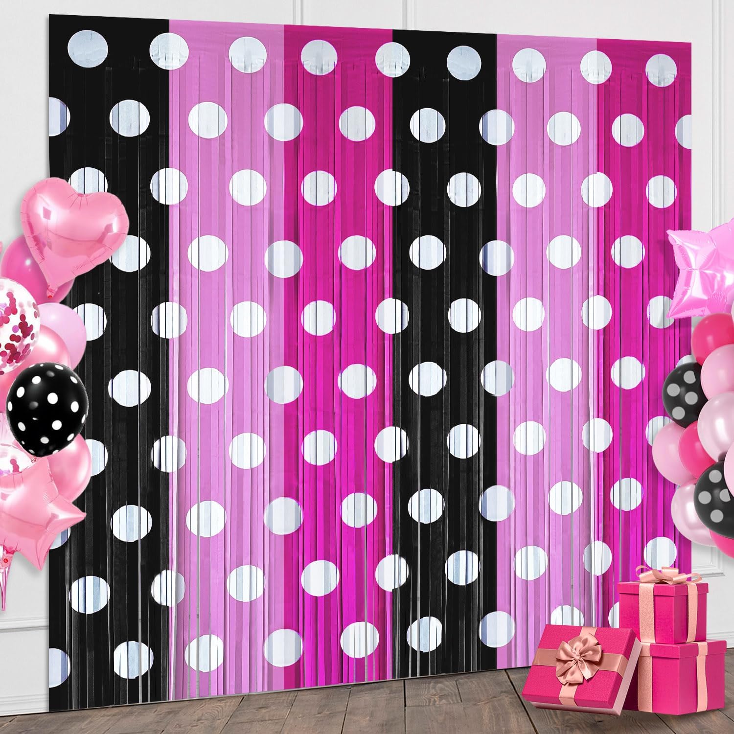 Pink Black Foil Fringe Curtains Birthday Decorations, 4 Pack 3.2x6.6ft Mouse Color Tinsel Streamers Backdrop Baby Shower Cartoon Mouse Birthday Party Decorations Supplies