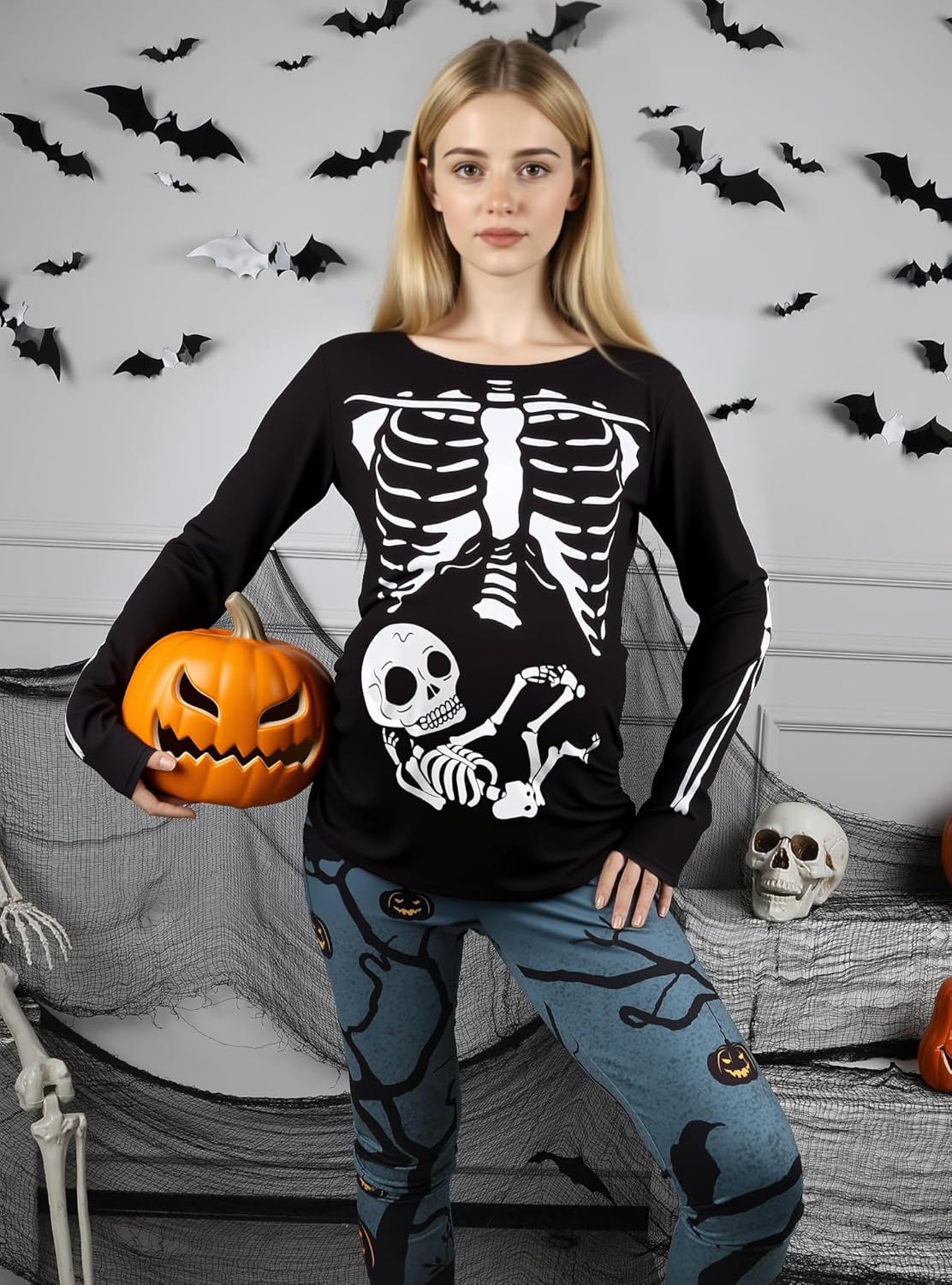 Halloween Skeleton Maternity Shirt Women's Novelty Long Sleeve Pumpkin T Shirts Skeletons Baby Pregnancy Tops S-XXL - Image 2