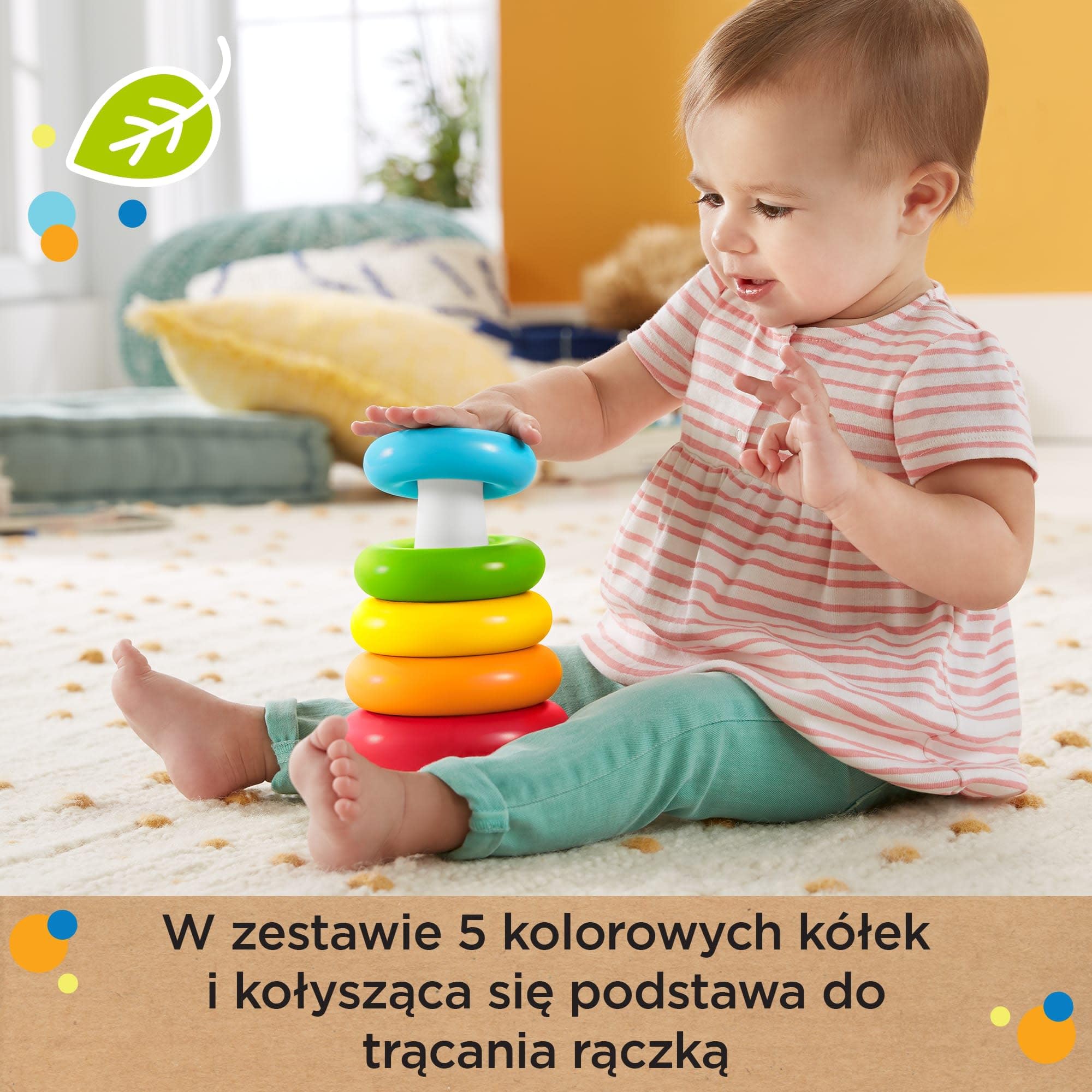 Fisher-Price Piramidka z kółek Klasyczna zabawka-kiwaczek do układania, wykonana z tworzyw sztucznych pochodzenia roślinnego, dla niemowląt i małych dzieci, HPY92