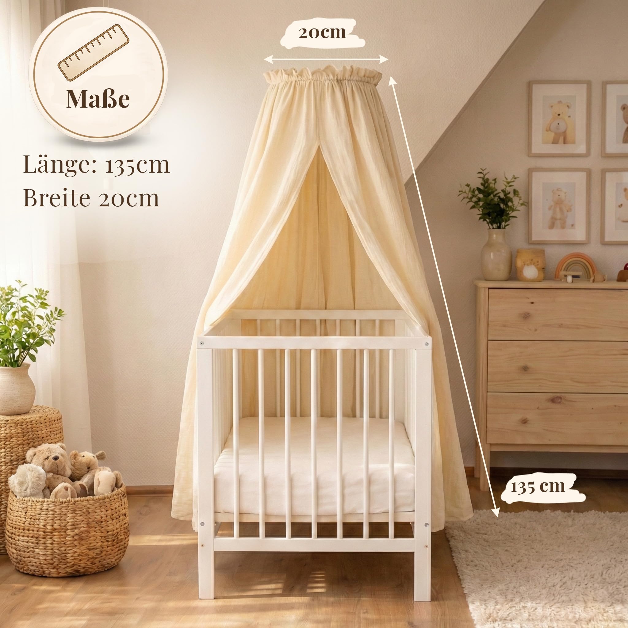 Betthimmel Babybett Set - Musselin Stoff mit montierter Himmelstange - Baldachin für Babybett zum Anklemmen - Himmelbett Vorhang & Kinderzimmer Deko in 135cm (Creme)