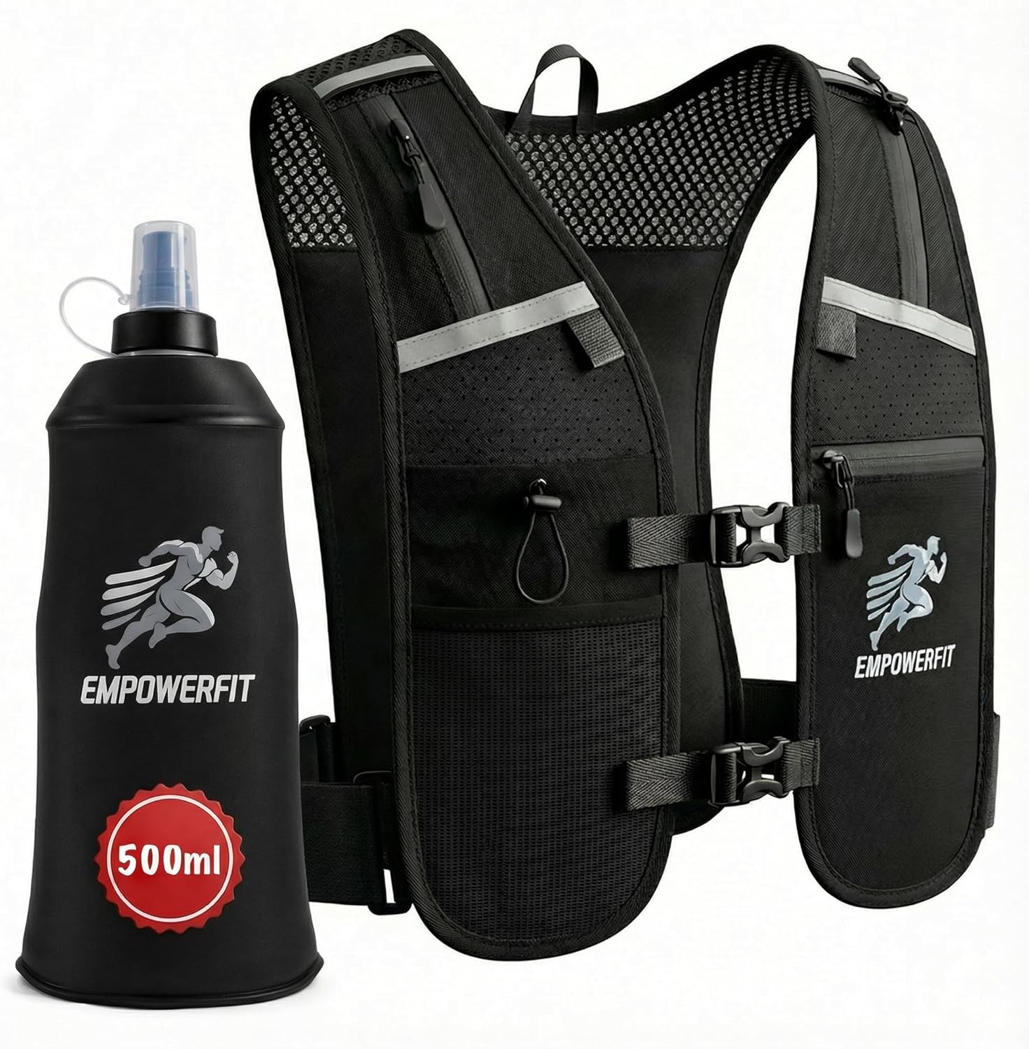Running Vest with 500ml Water Bottle – Lightweight Reflective Hydration Vest for Men & Women, Adjustable Fit, Breathable Mesh, Secure Phone & Gel Pockets