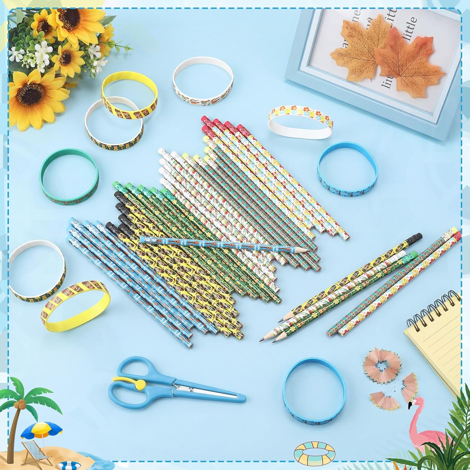 96 Pcs Luau Themed Birthday Party Favors Set Hawaiian Pencils and Rubber Bracelets Bulk Summer Novelty Wooden Pencils with Eraser Rubber Wristbands Tropical Party Supplies Decorations