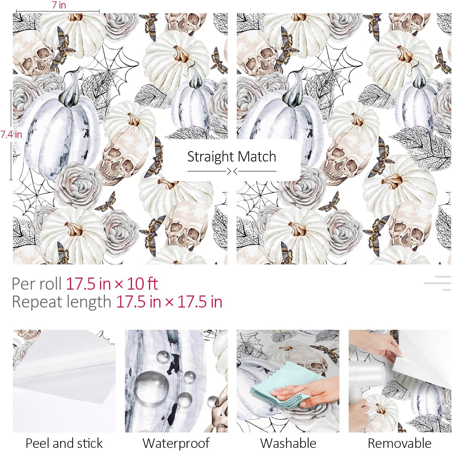 ReWallpaper Grey and White Wallpaper Skull Pumpkin Floral Wallpaper Gothic Peel and Stick Wall Paper for Bedroom Bathroom Accent Walls Contact Paper 17.5inx10ft Horror Prepasted Halloween Decorations